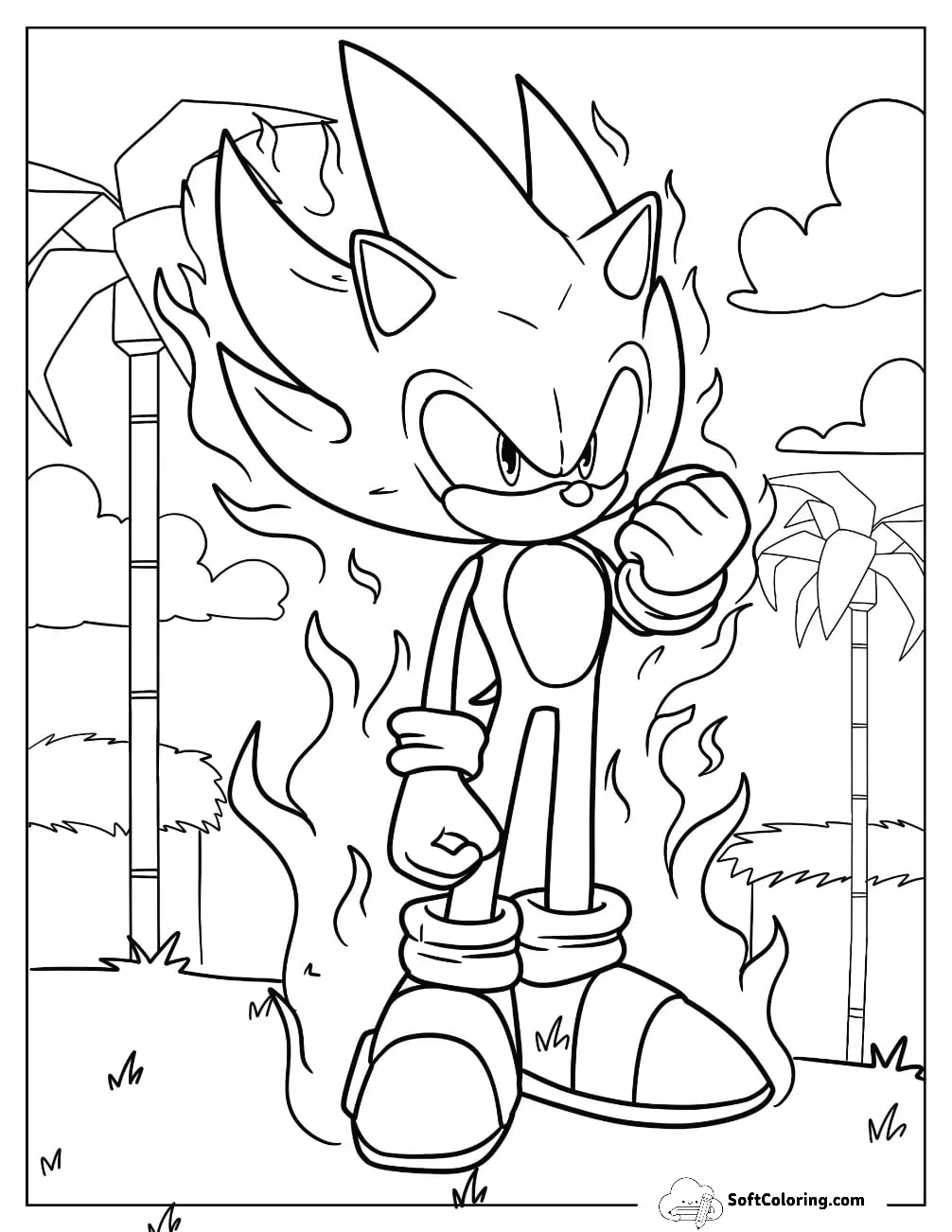 Super Sonic Coloring Page With Fist Up In Angel Island