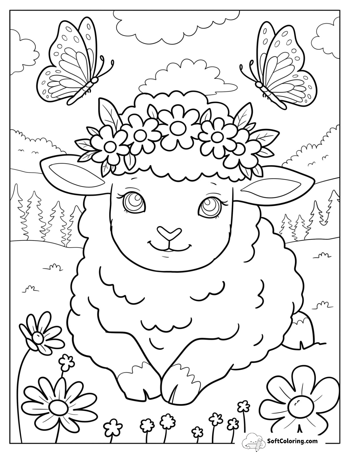 Sweet Cartoon Sheep Coloring Page In A Blooming Field With Butterflies