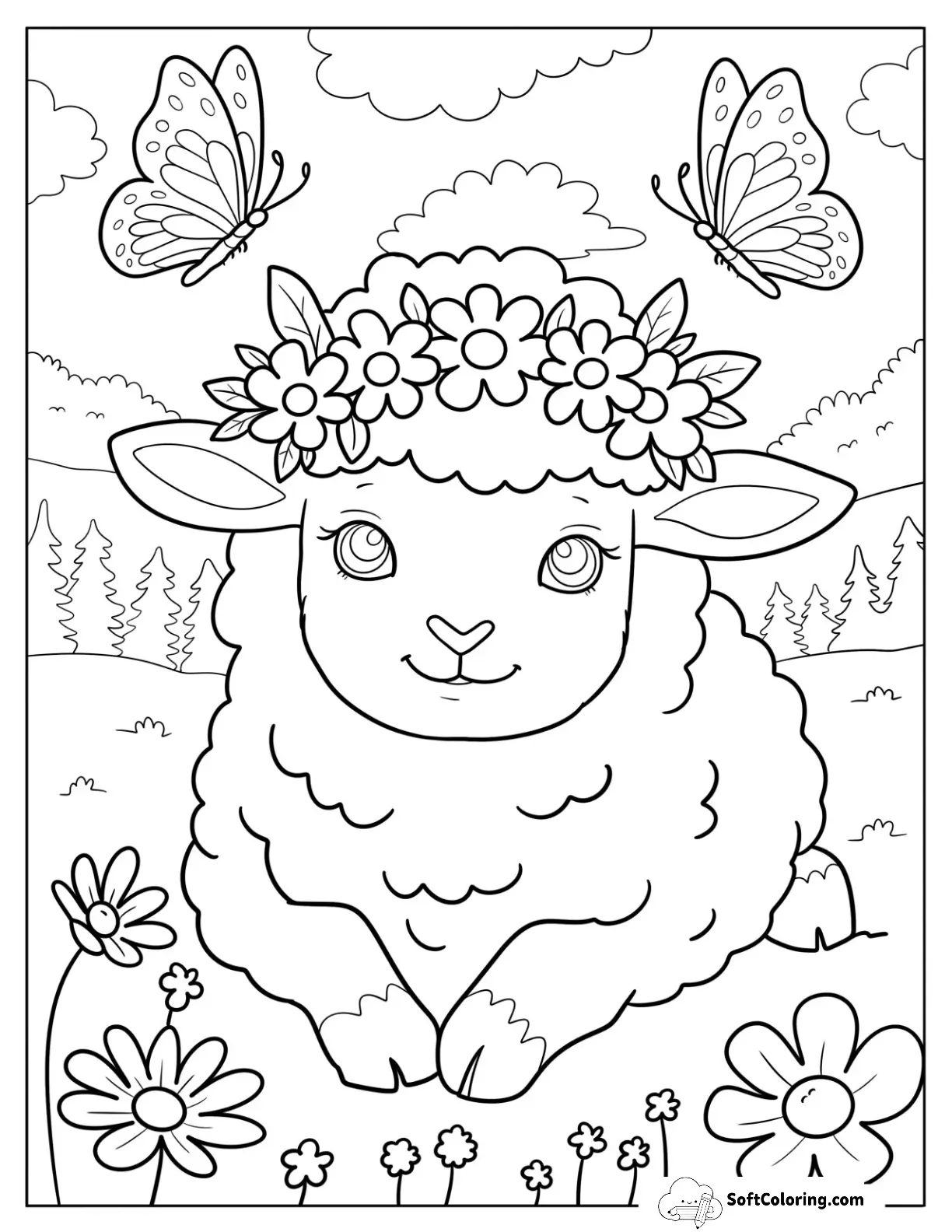 Sweet Cartoon Sheep Coloring Page In A Blooming Field With Butterflies