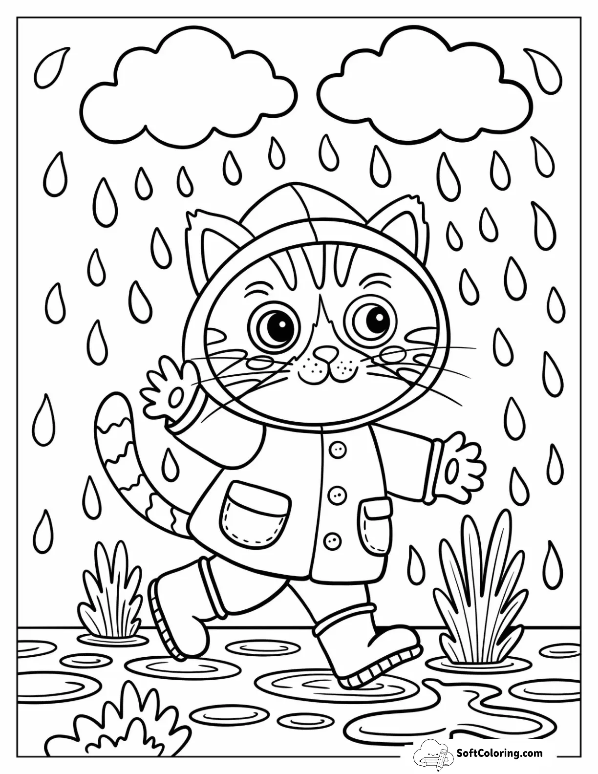 Tabby Cat Walking In Rain With Hooded Coat And Boots
