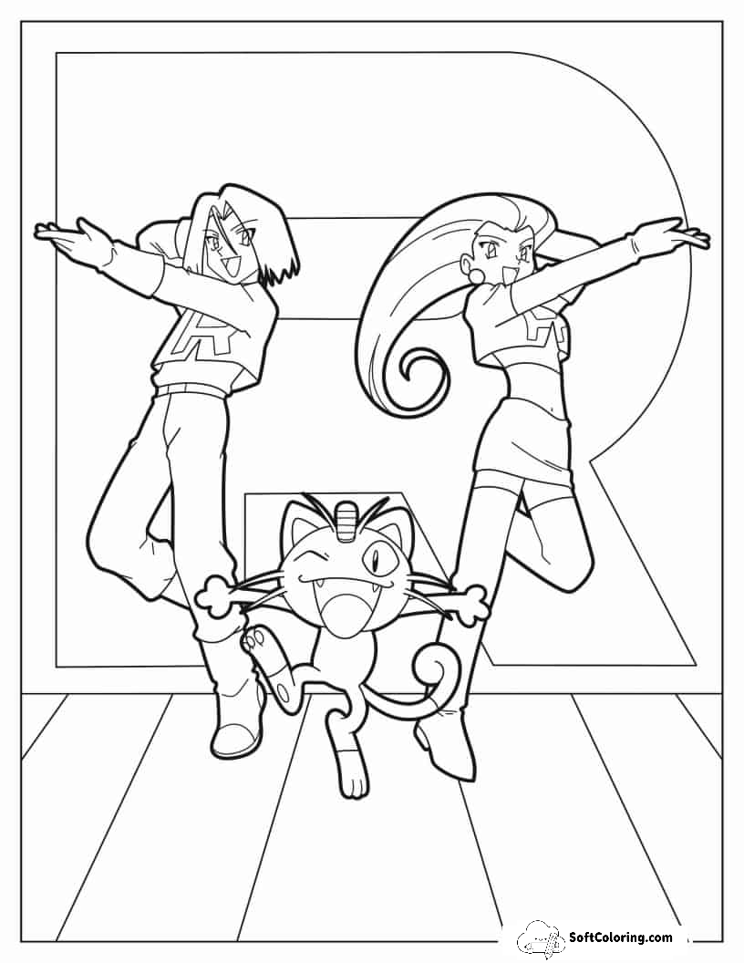 Team Rocket Jessie, James, And Meowth Coloring Page
