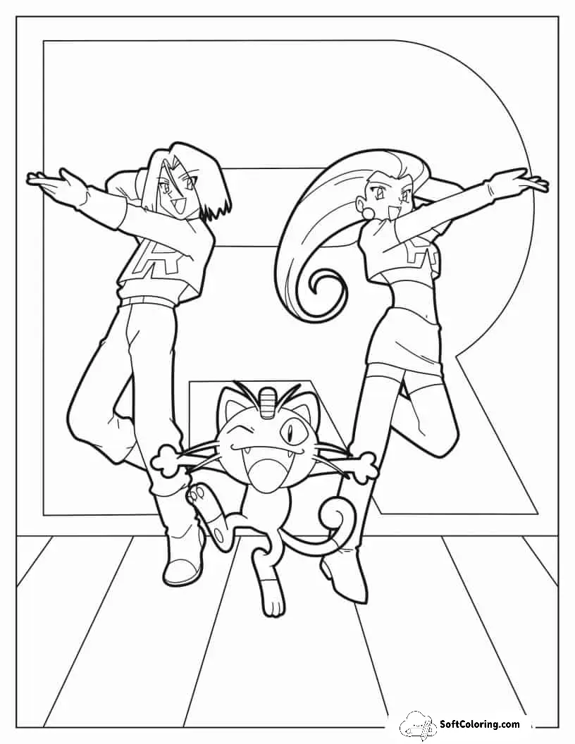 Team Rocket Jessie, James, And Meowth Coloring Page