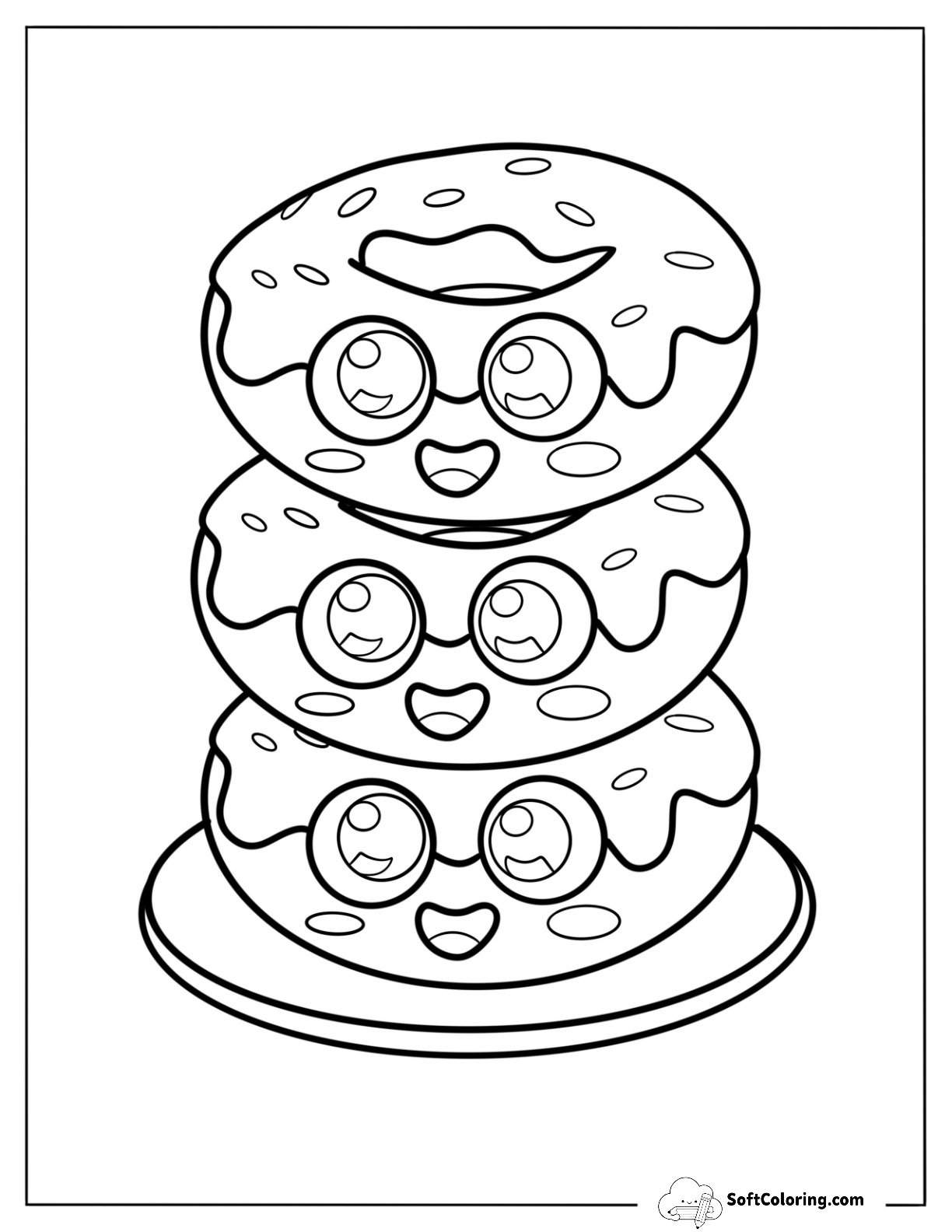 Three Kawaii Mini Donut Coloring Page For Kids