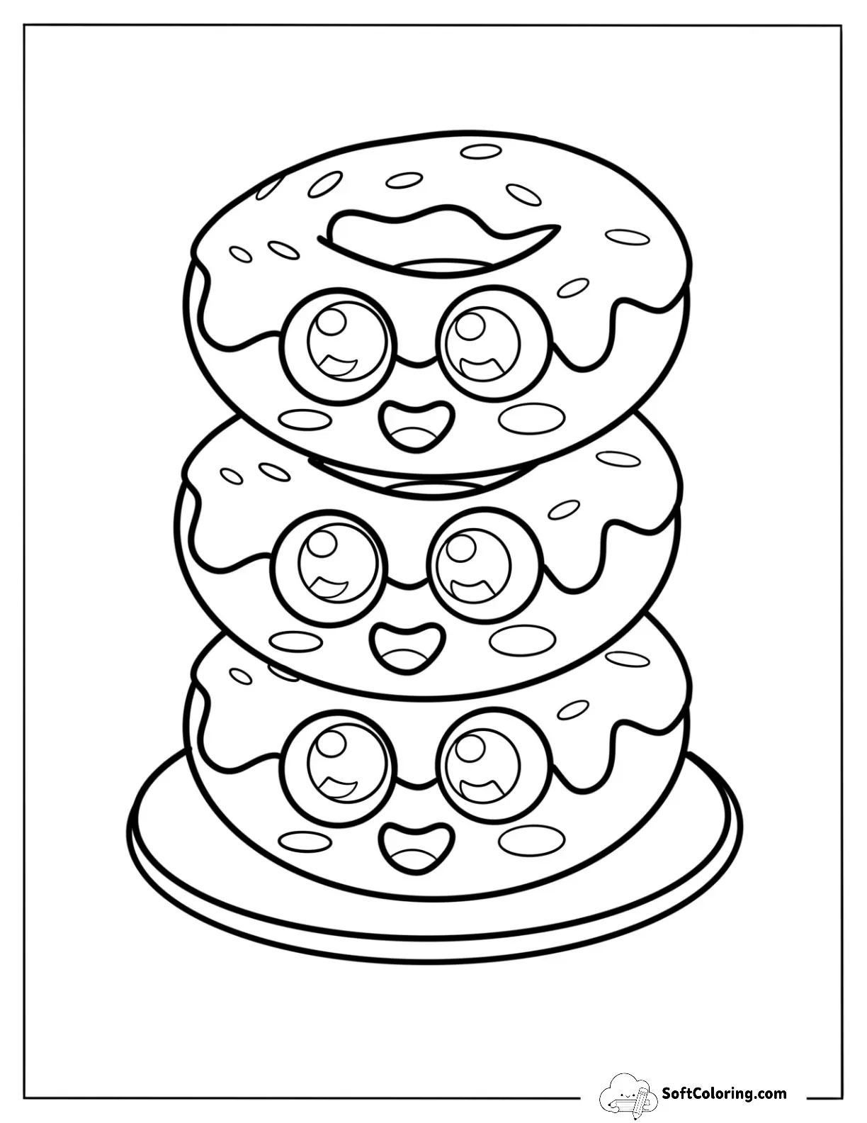 Three Kawaii Mini Donut Coloring Page For Kids