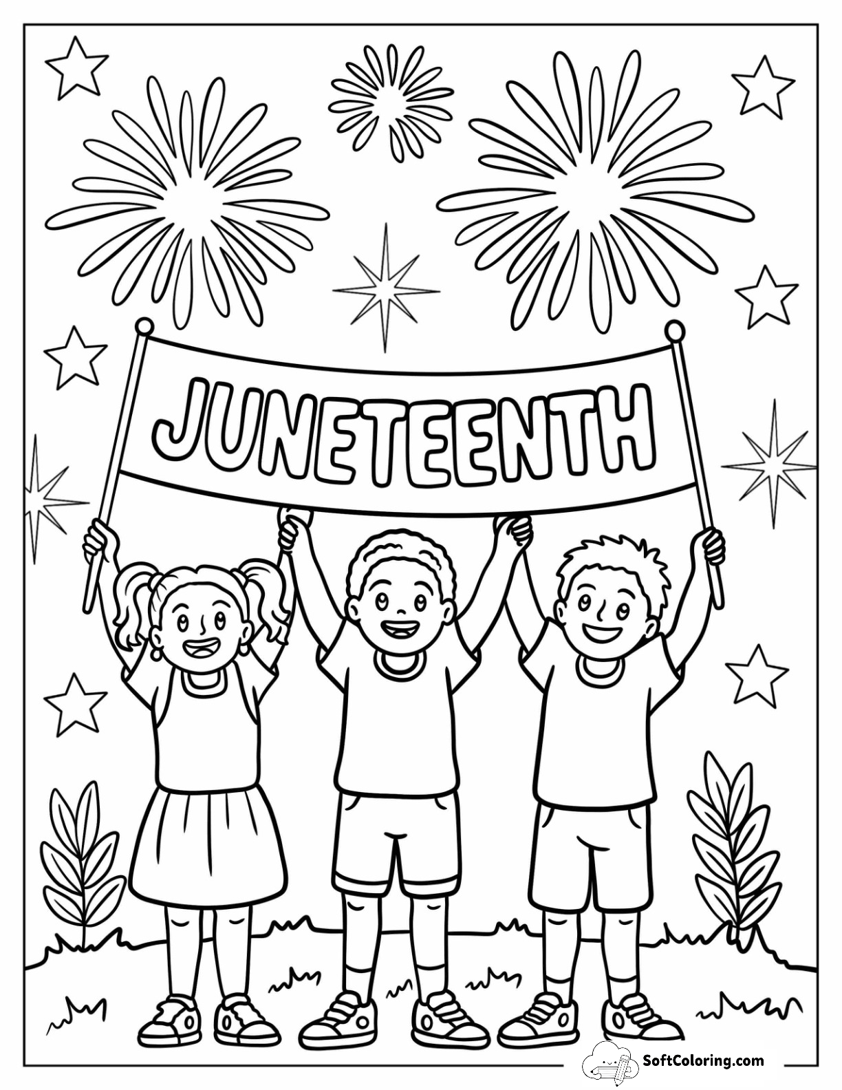 Three Kids Raising A Juneteenth Coloring Page Banner With Fireworks In The Sky