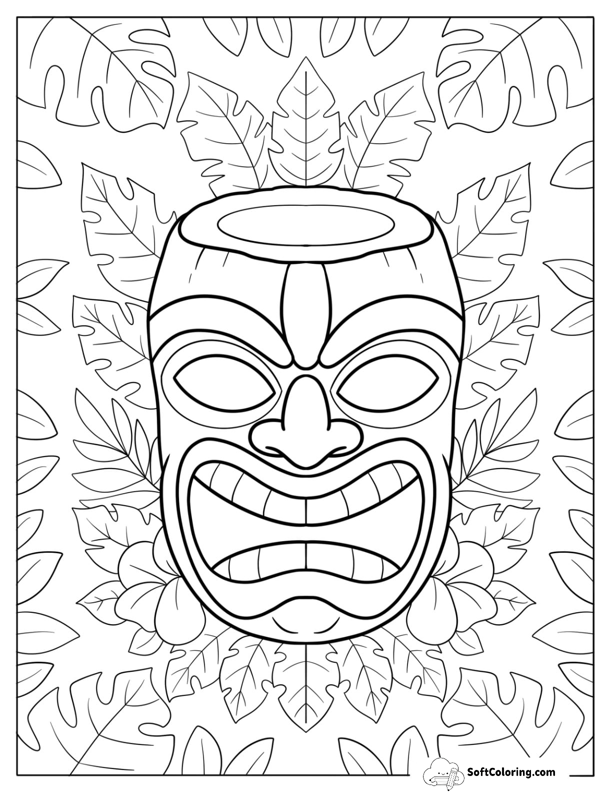 Tiki Mask With Coconut Bowl Design And Tropical Leaves