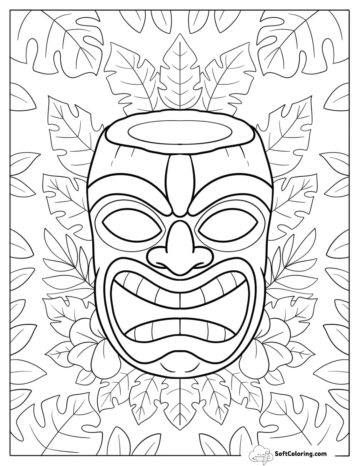 Tiki Mask With Coconut Bowl Design And Tropical Leaves