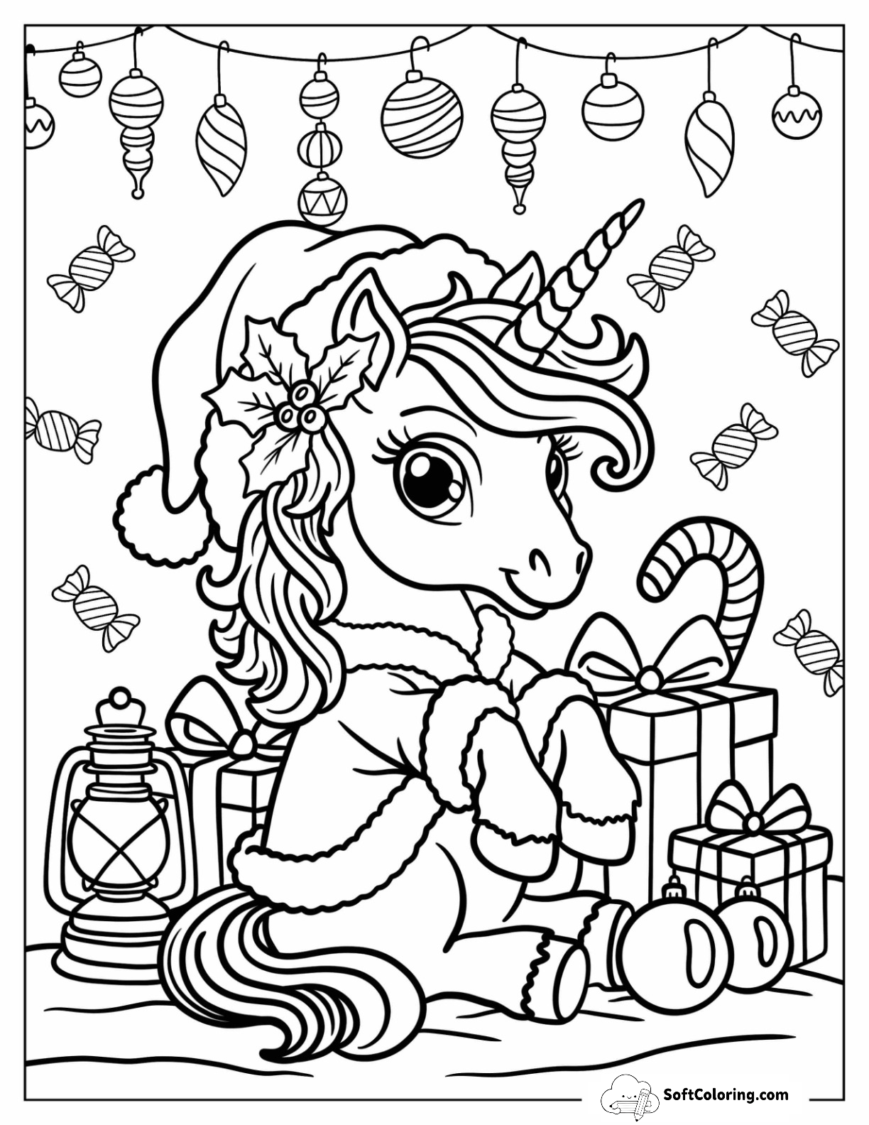 Tiny Christmas Unicorn In Santa Hat Sitting Next To Presents And Candies