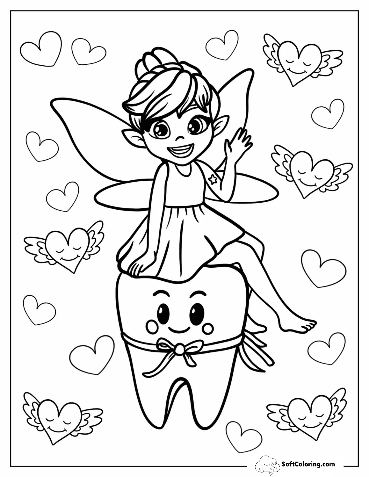 Tooth Fairy Coloring Page Sitting On A Tooth For Kids
