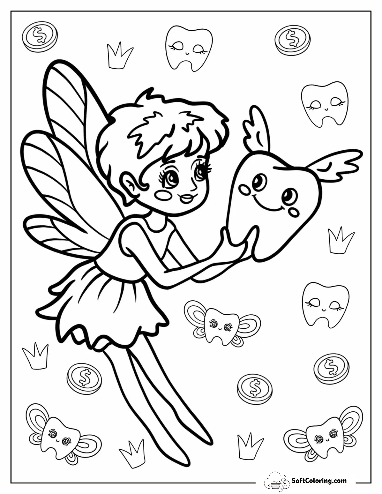 Tooth Fairy Coloring Page Smiling At A Tooth With Wings