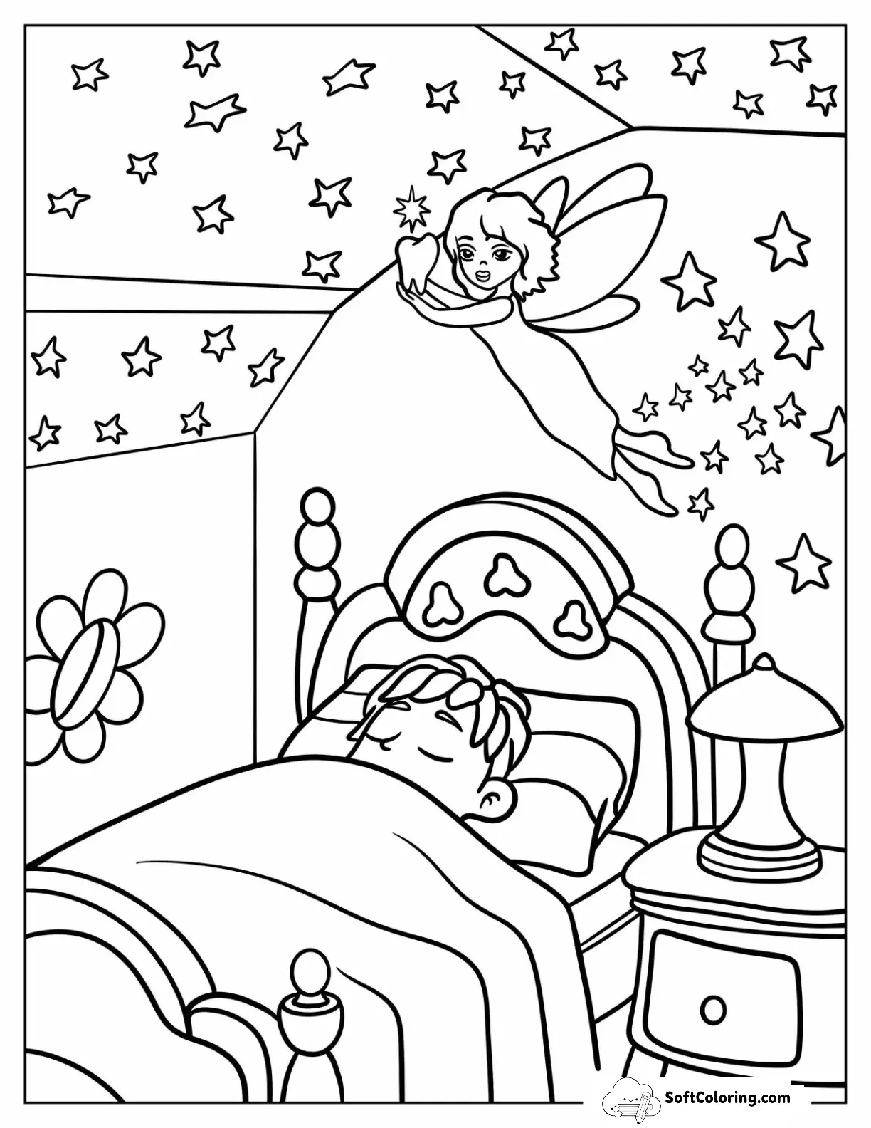 Tooth Fairy Coloring Page Visiting A Little Boy At Night