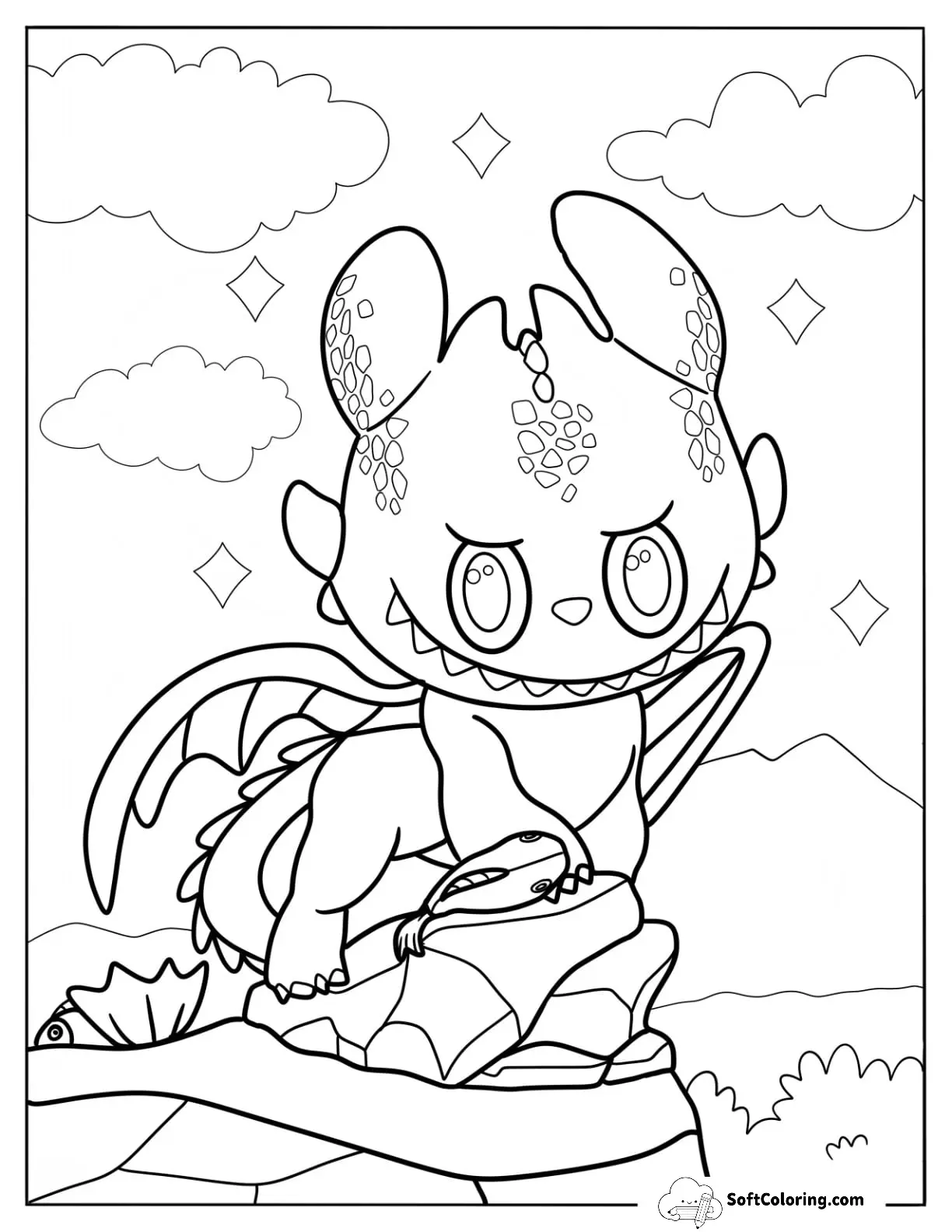 Toothless Labubu Coloring Page On A Rock For Kids