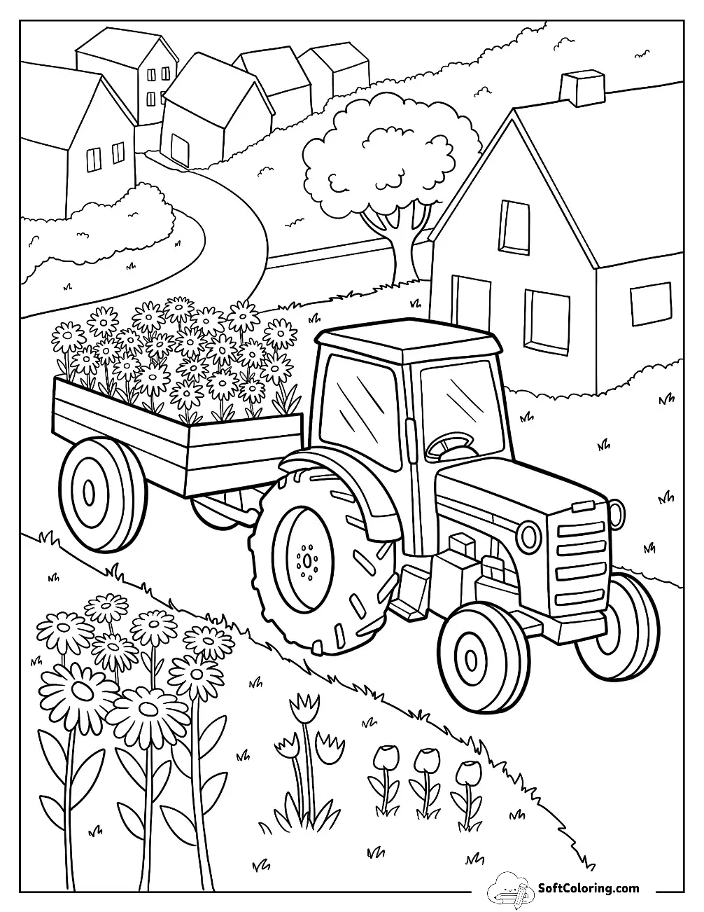 Tractor Coloring Page Carrying Flowers Through A Village Path