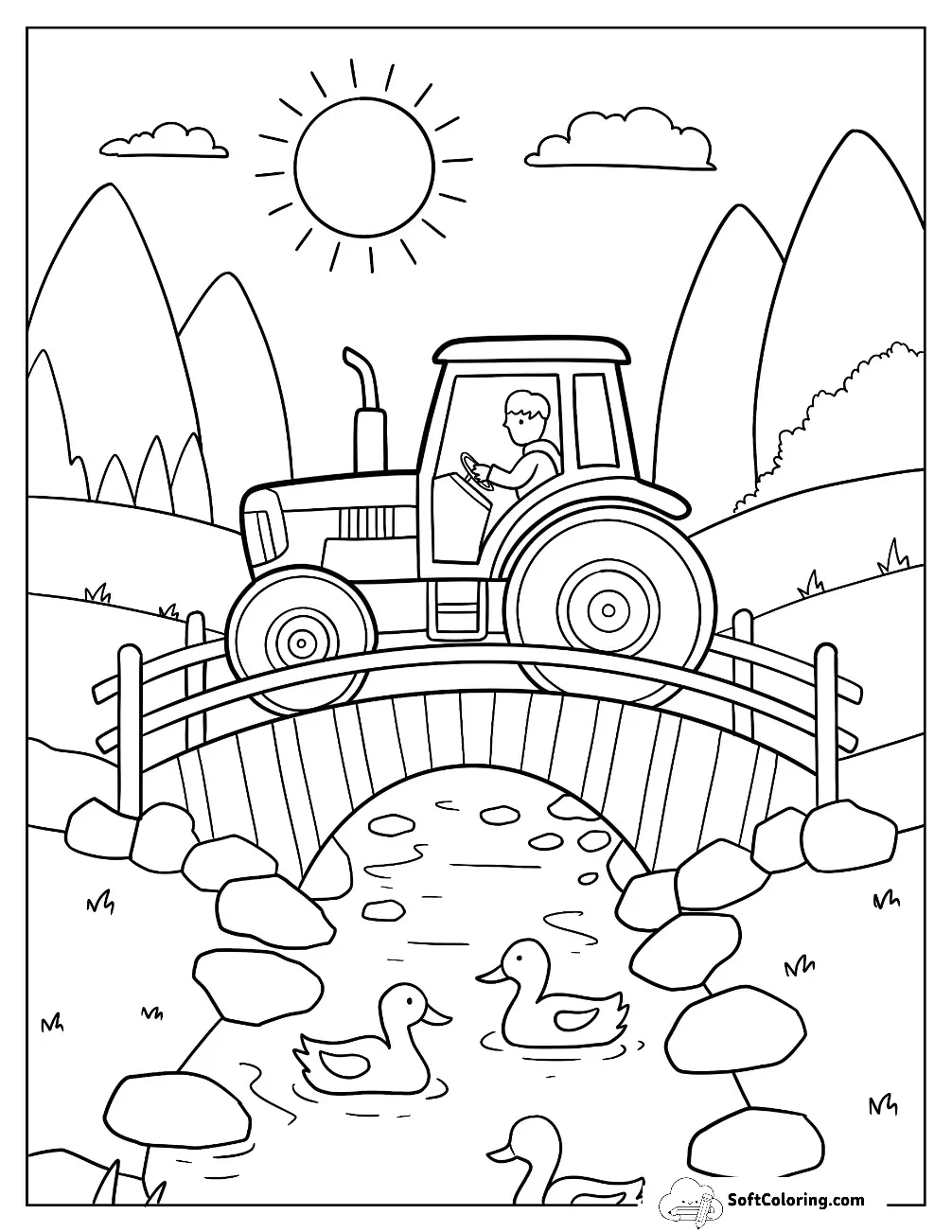 Tractor Coloring Page Crossing A Stone Bridge Over Duck Pond