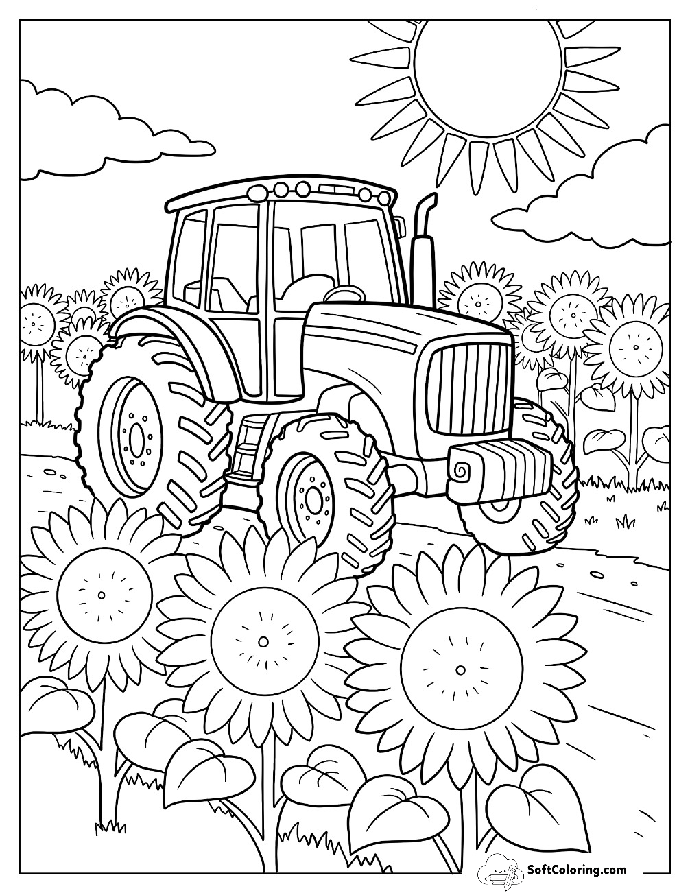 Tractor Coloring Page Driving Through A Sunflower Field
