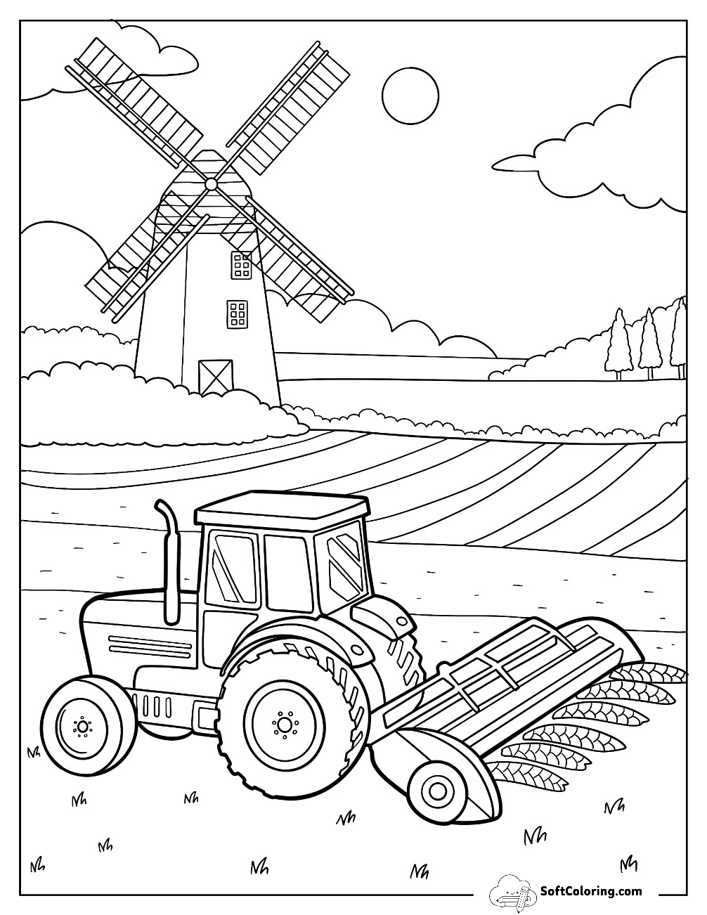 Tractor Coloring Page Harvesting Crops Near A Windmill