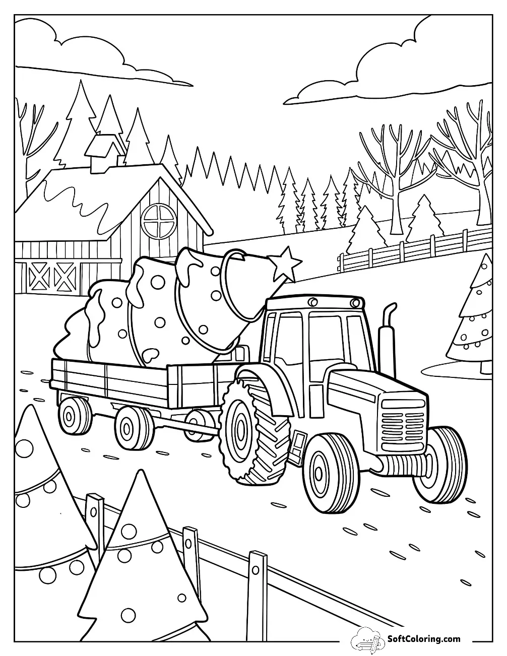 Tractor Hauling Christmas Trees Through Winter Farm