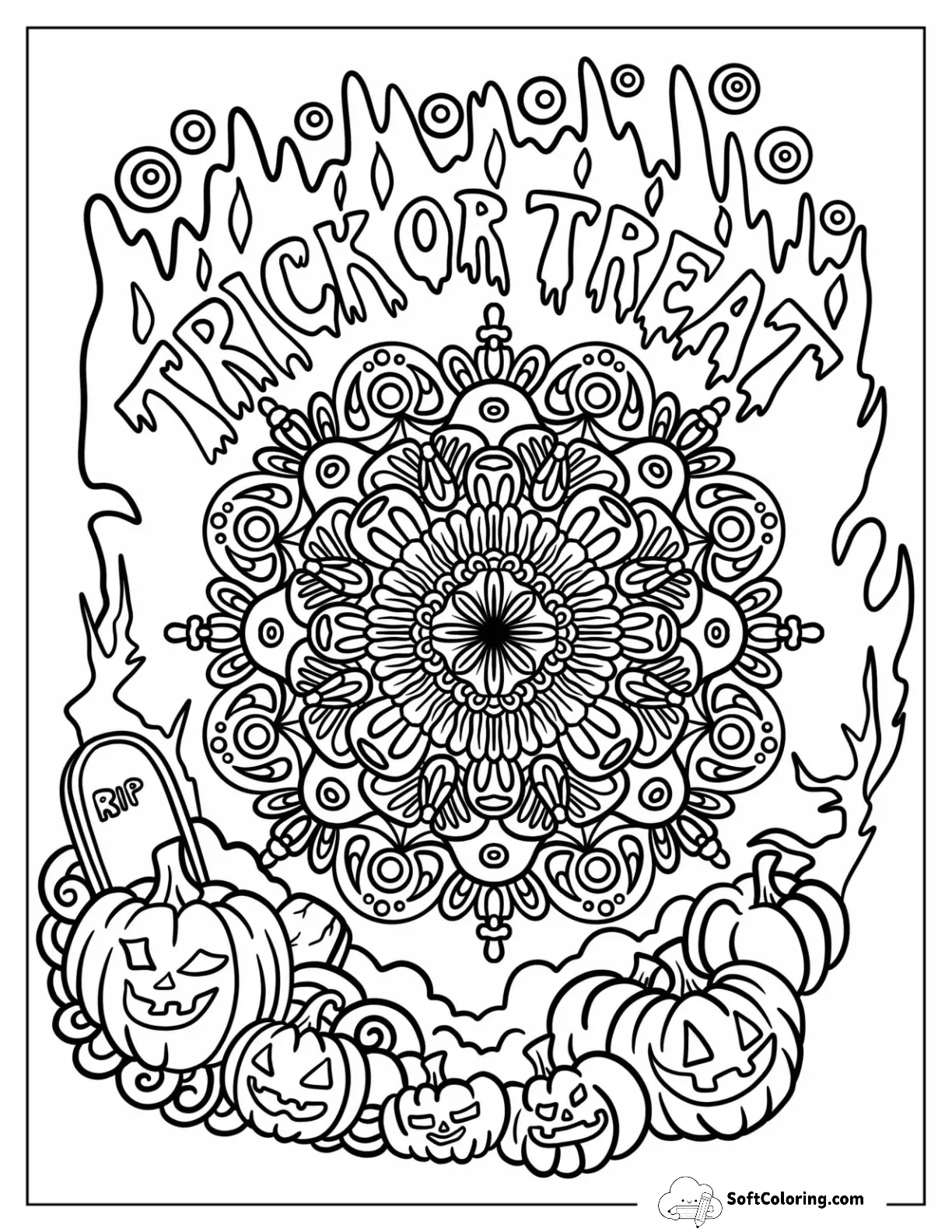 Trick Or Treat Halloween Mandala With Jack O Lanterns And Tombstones
