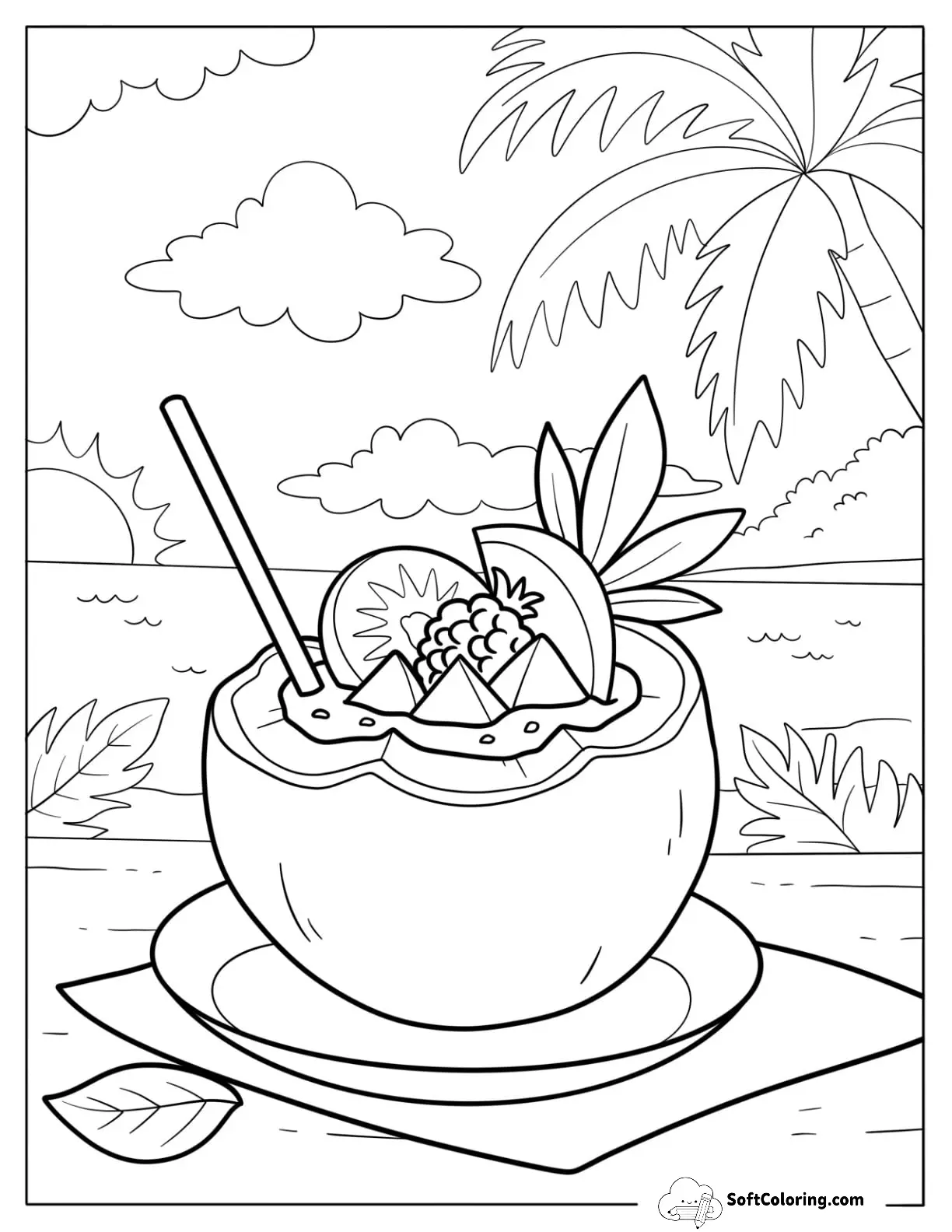 Tropical Coconut Drink With Fruit Garnish And Sunset Beach View