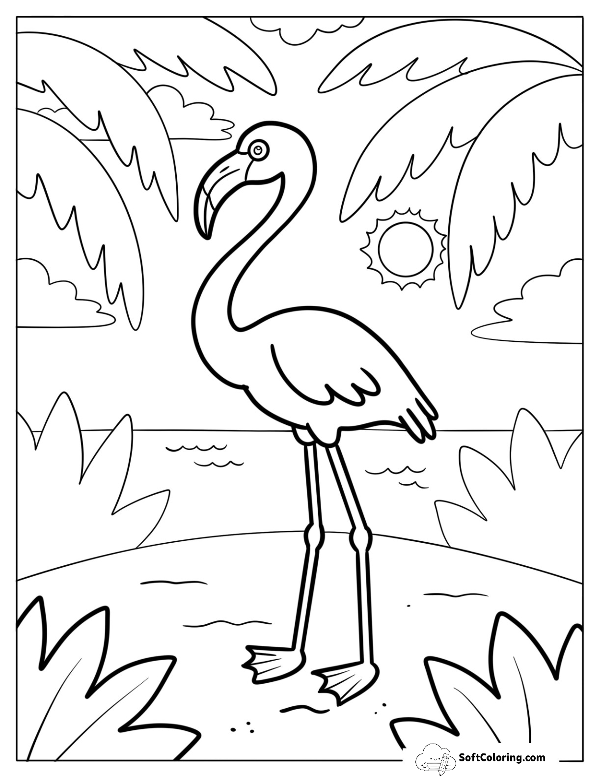 Tropical Flamingo By The Sea Coloring Page