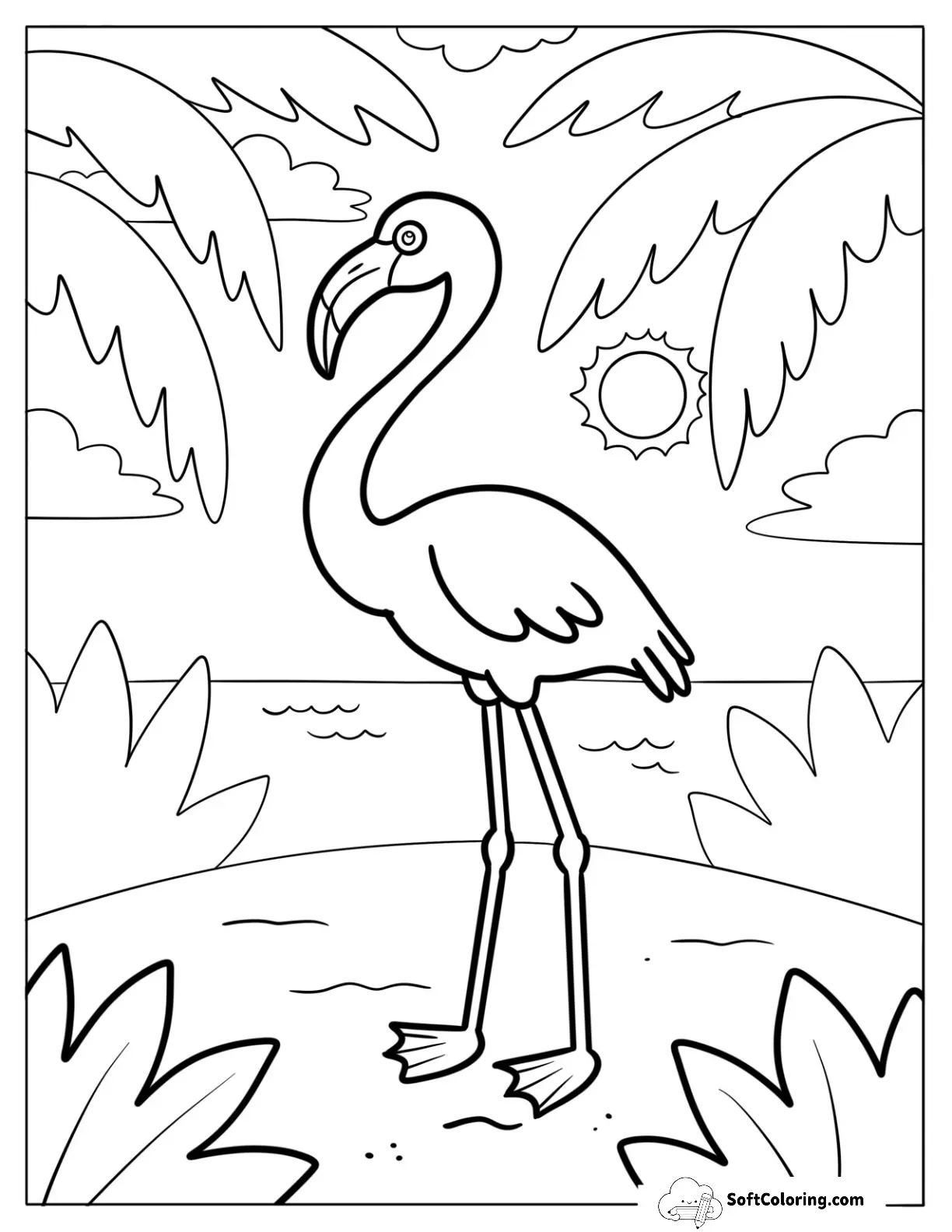 Tropical Flamingo By The Sea Coloring Page