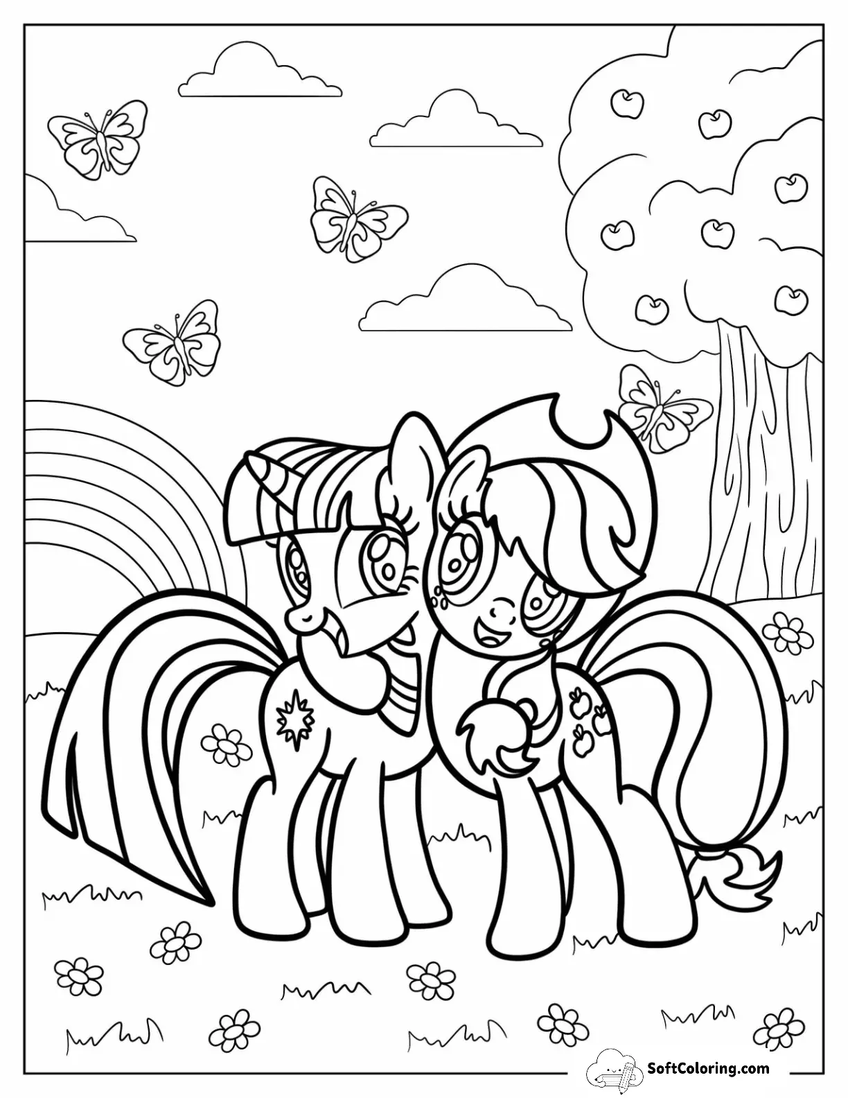 Twilight Sparkle Hugging Applejack Coloring Page