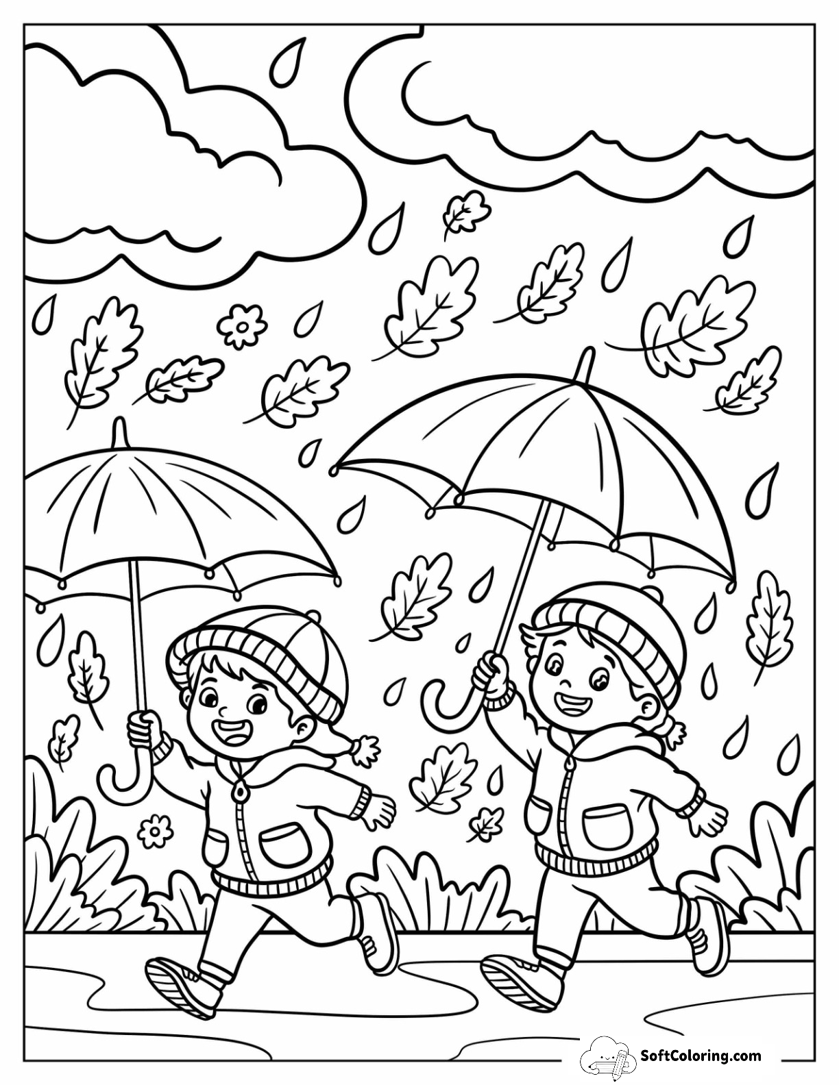 Two Kids Running With Umbrellas Through Rain And Falling Leaves