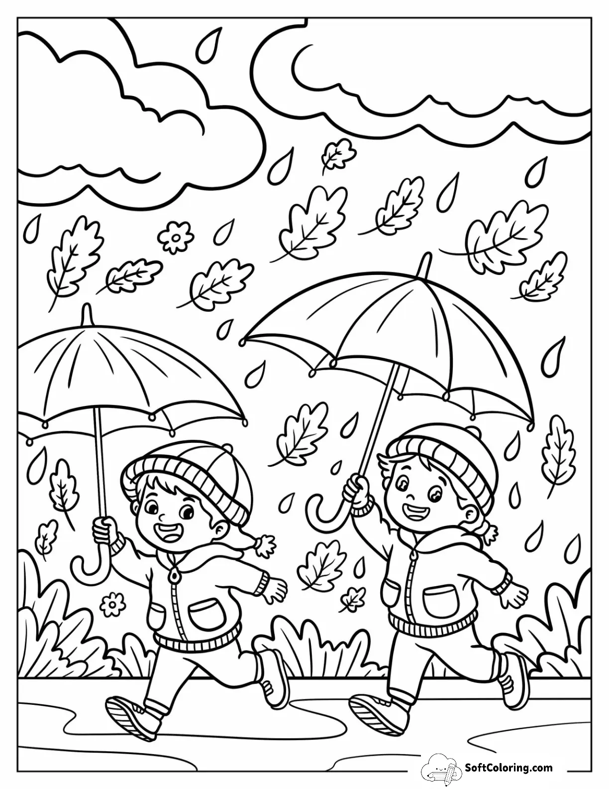 Two Kids Running With Umbrellas Through Rain And Falling Leaves