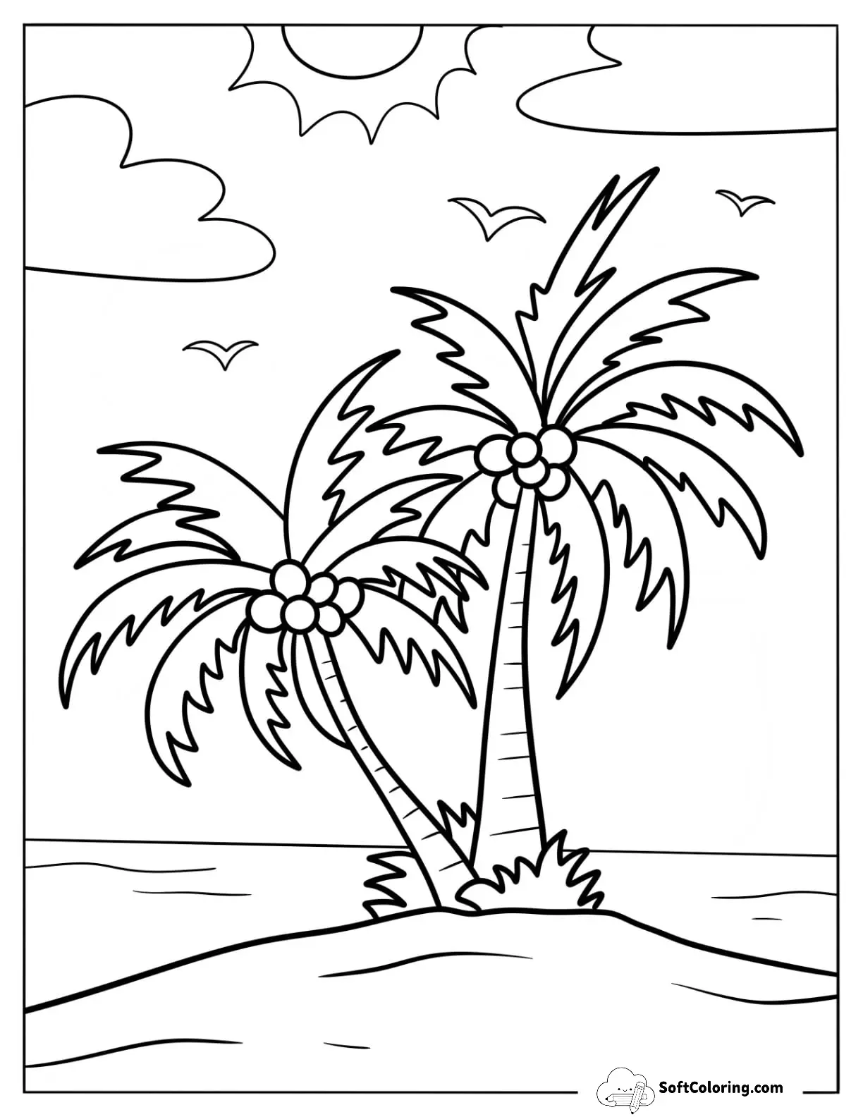 Two Large Coconut Coloring Page Trees On An Island