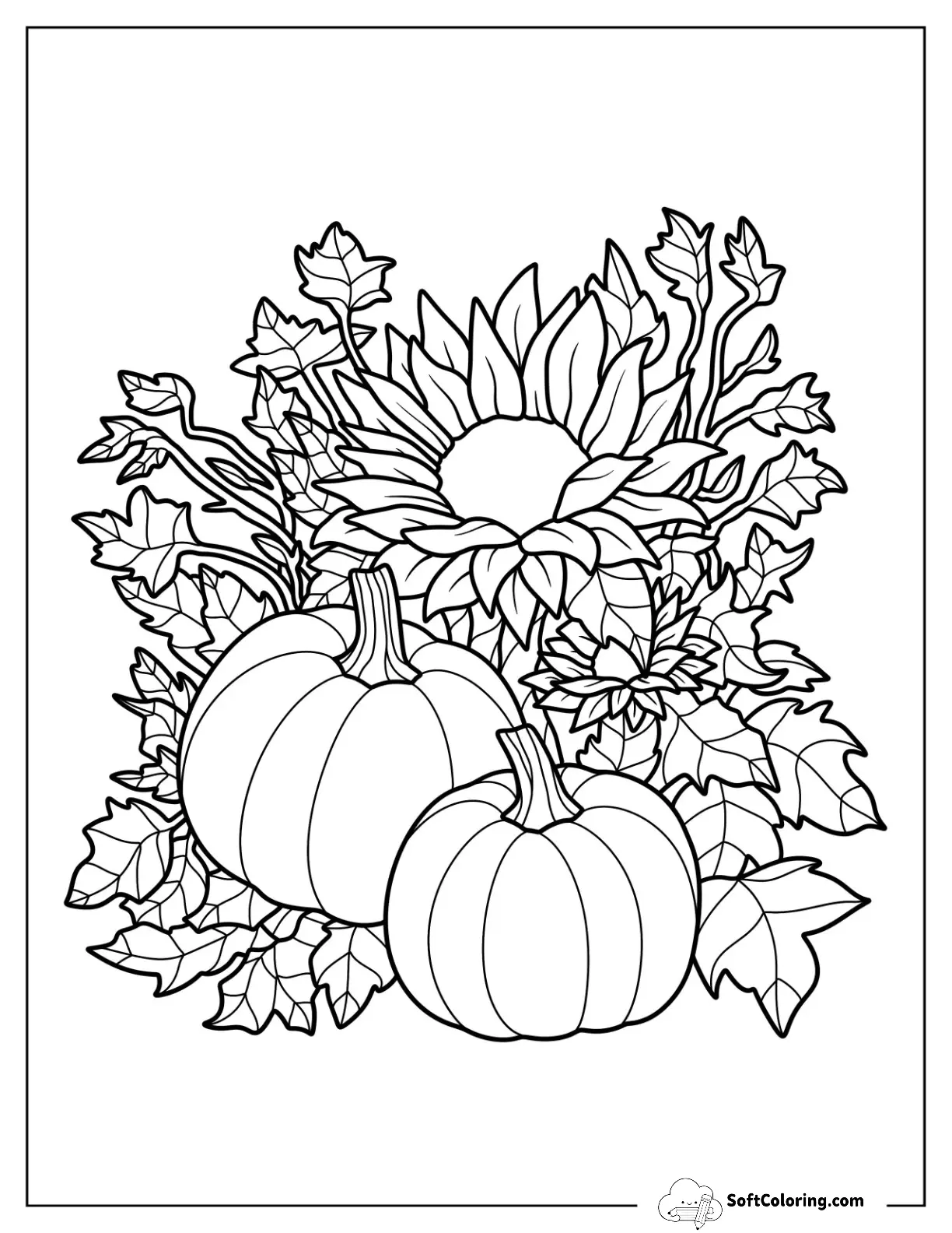 Two Large Pumpkin With Sunflower And Leaves