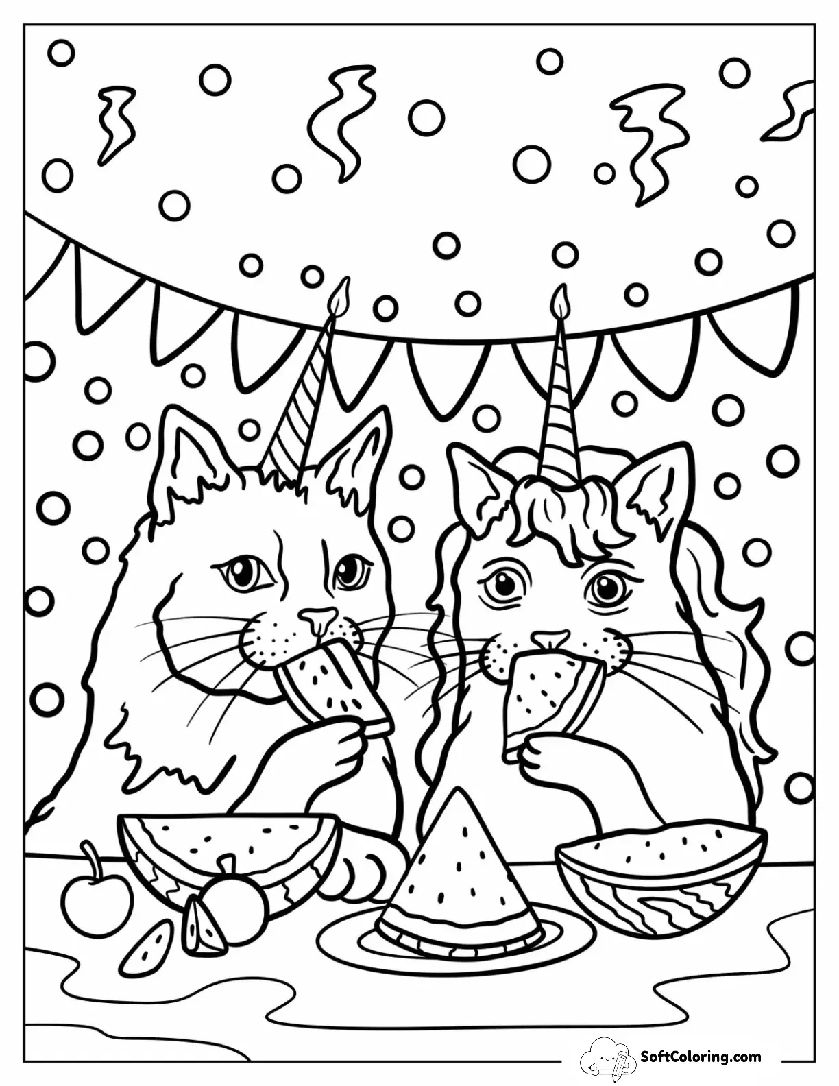 Two Unicorn Cat Coloring Page Eating Watermelons