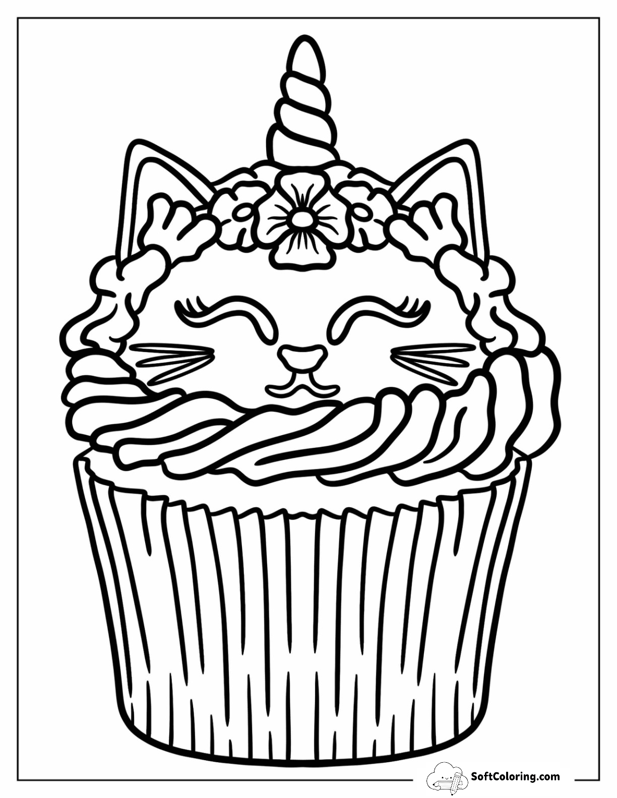 Unicorn Cat Coloring Page Cupcake For Kids