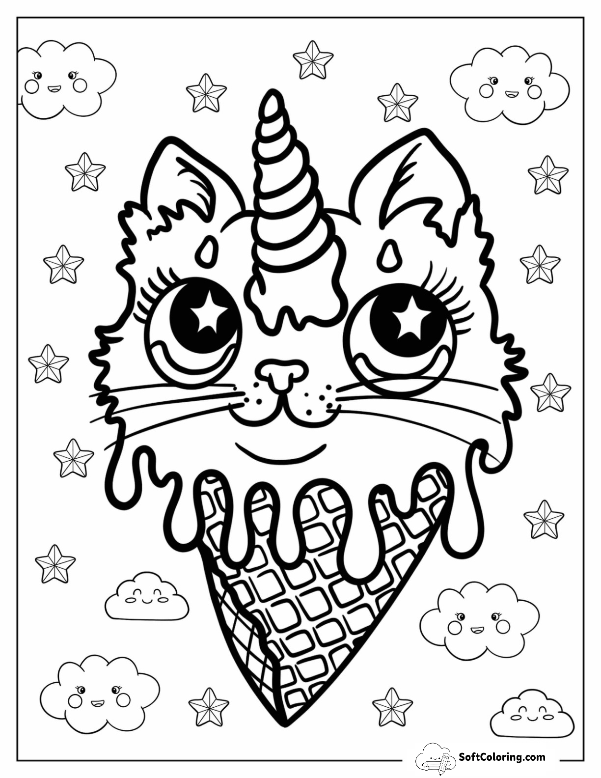 Unicorn Cat Coloring Page Ice Cream Cone