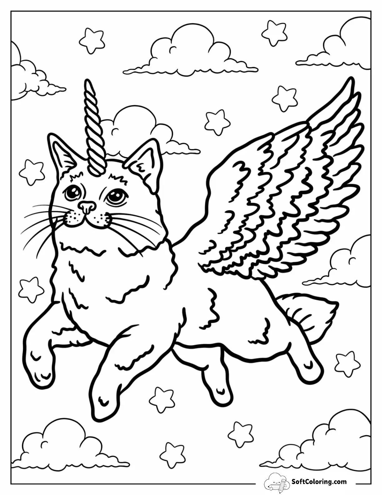 Unicorn Cat Coloring Page With Large Wings Flying In The Sky