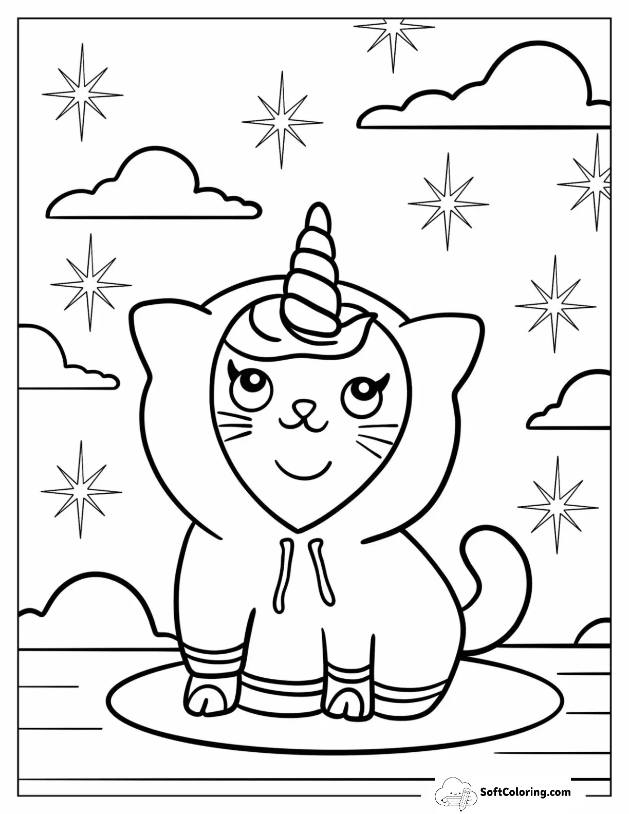 Unicorn Cat Coloring Page Wearing Hooded Onesie