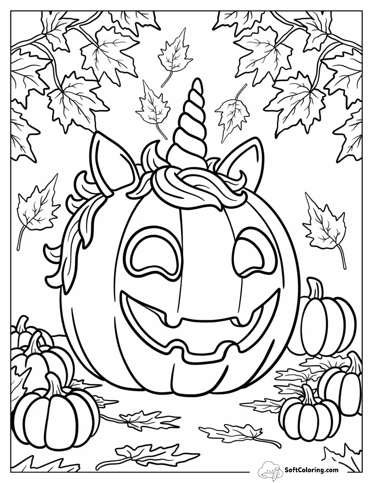 Unicorn Jack-O-Lantern Coloring Page With Pumpkins And Autumn Leaves