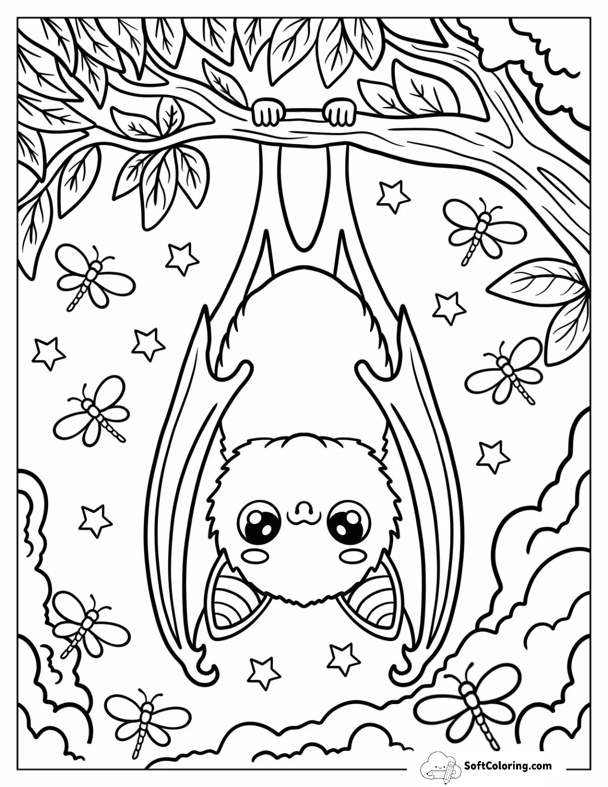 Upside Down Bat On A Tree With Stars And Dragonfly