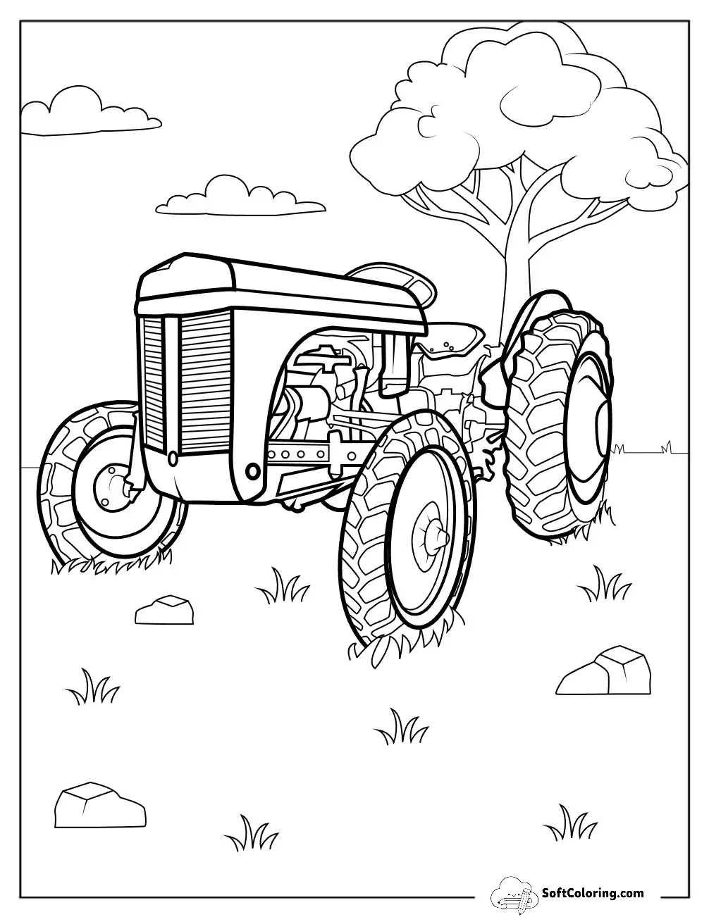 Vintage Farm Tractor Coloring Page In Grassy Field