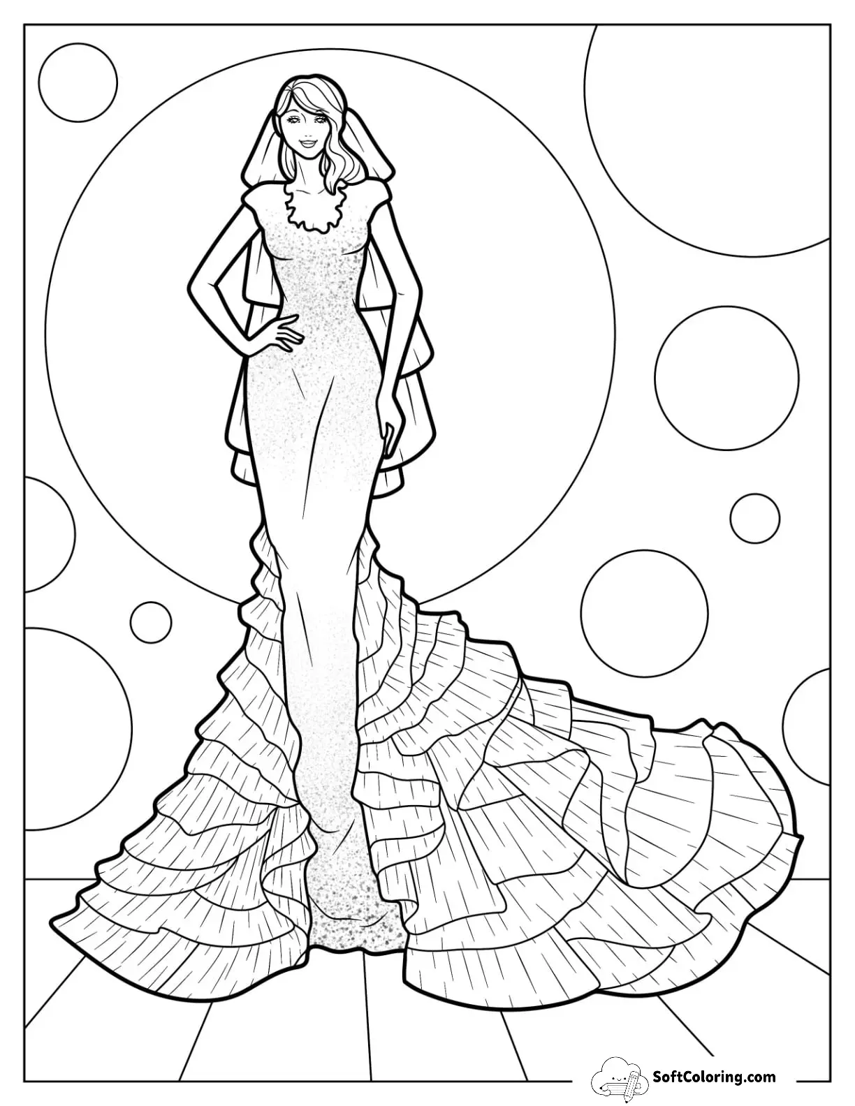 Wedding Dress Coloring Page With Short Sleeves And Tiered Tulle Tail