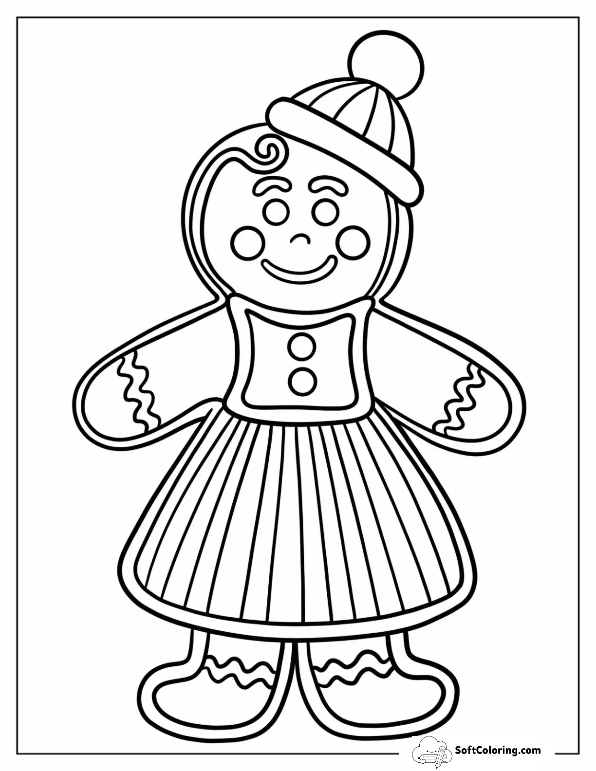 Winter Gingerbread Girl With Dress And Hat Coloring Sheet For Kids