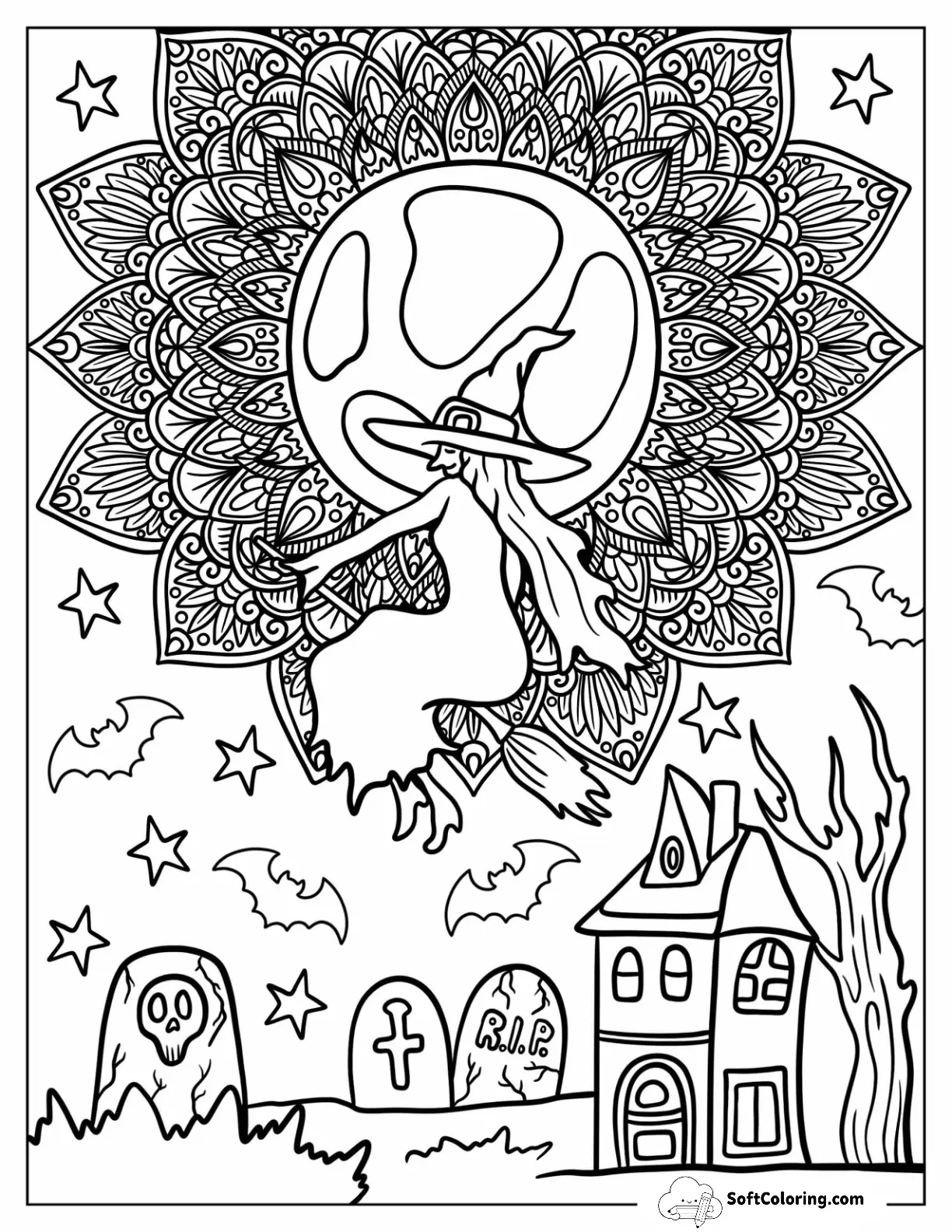 Witch Flying Over A Cemetery Halloween Mandala