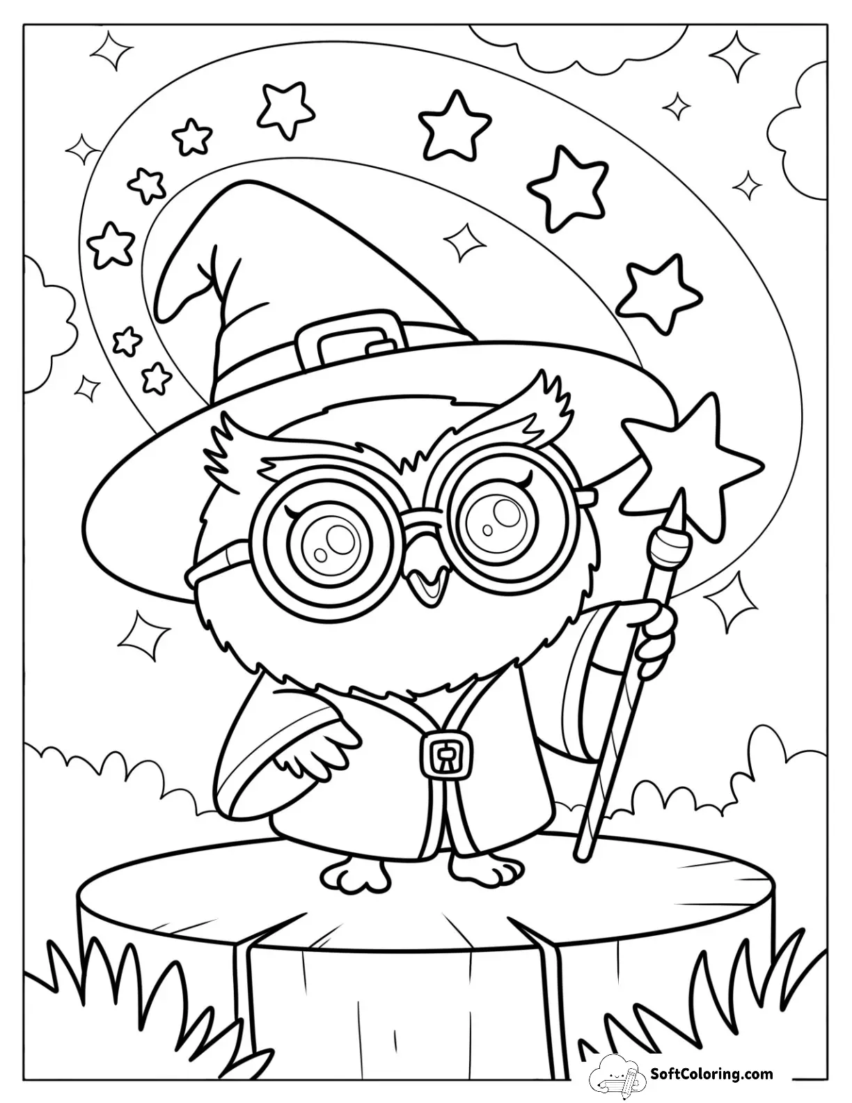 Wizard Owl Coloring Page Casting A Spell