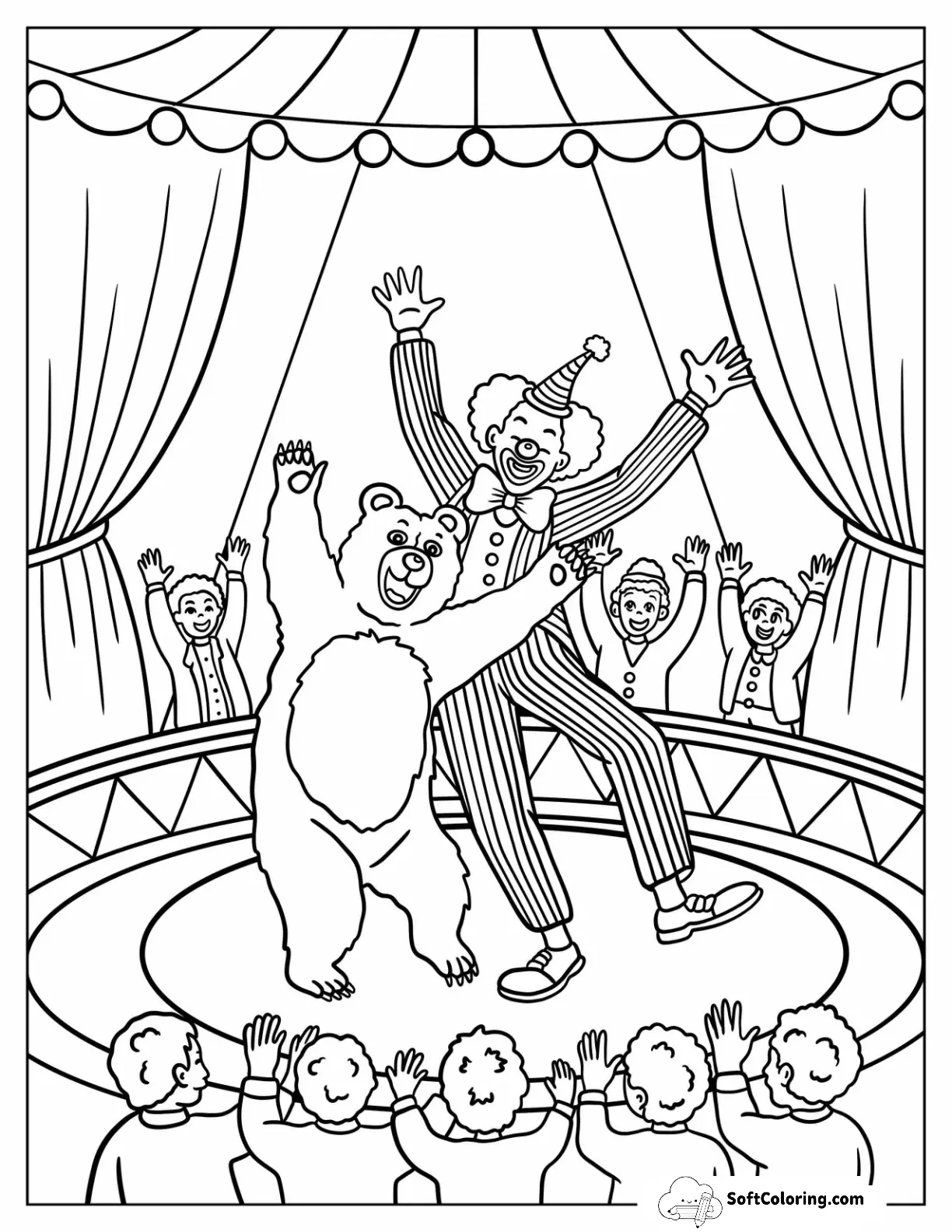 Young Bear Dancing With A Clown Coloring Page