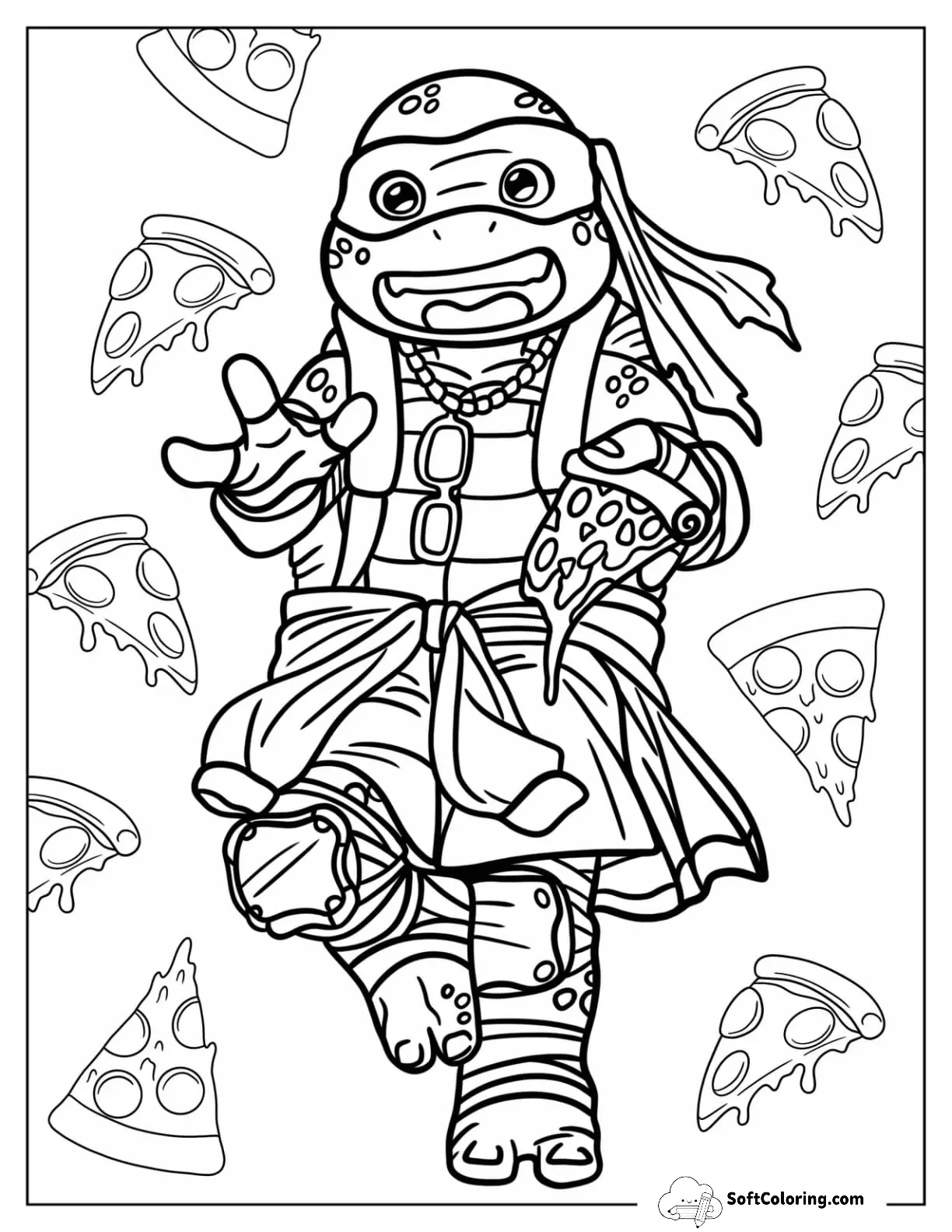 Ninja Turtles Coloring Page Of Young Michelangelo Holding Pizza