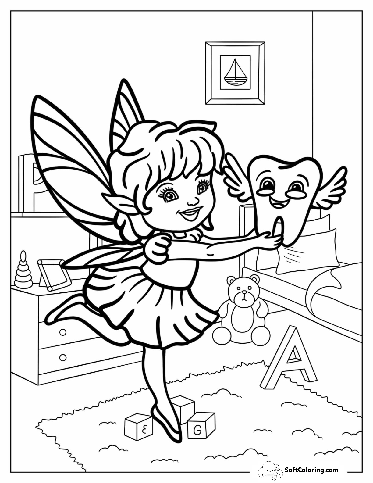 Young Tooth Fairy Coloring Page With A Flying Tooth
