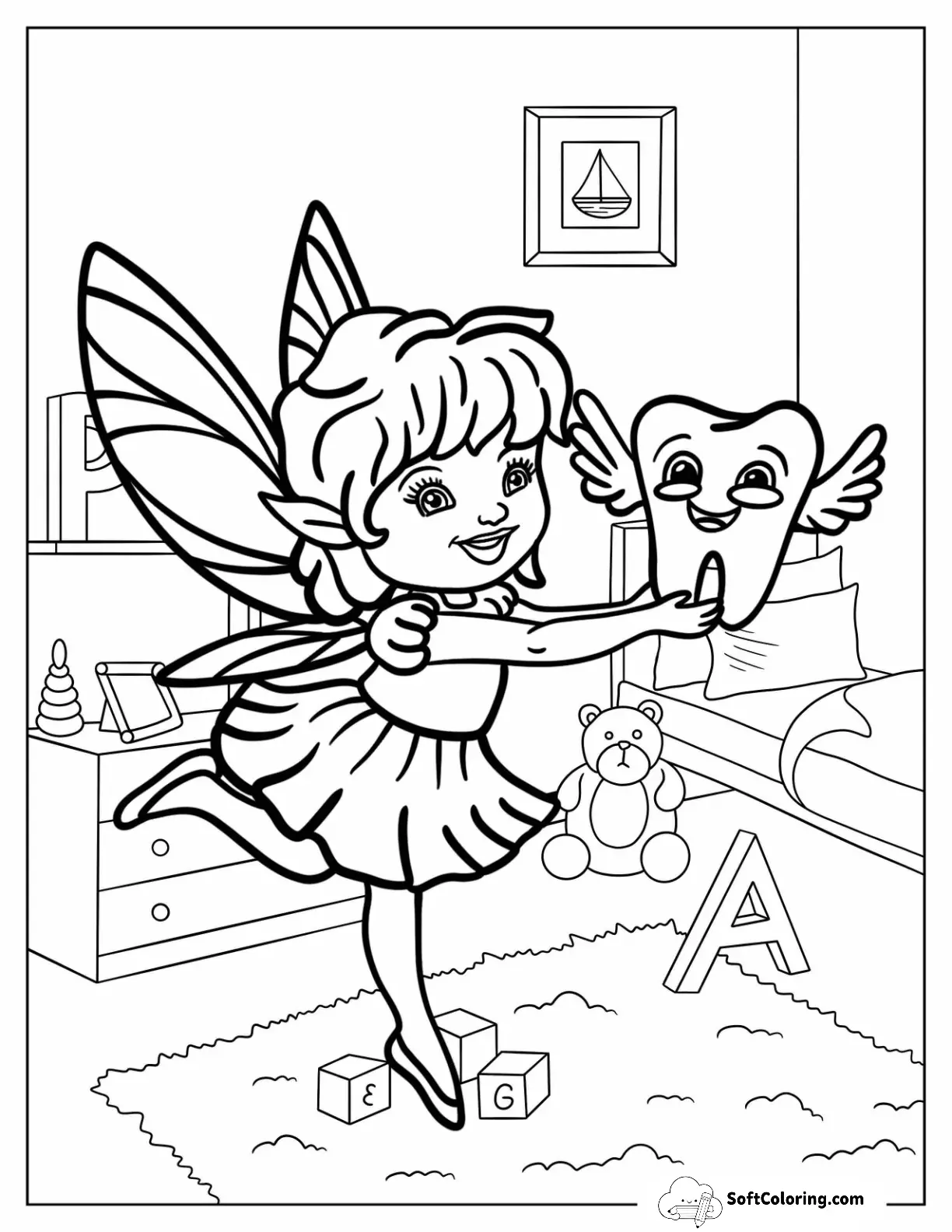 Young Tooth Fairy Coloring Page With A Flying Tooth