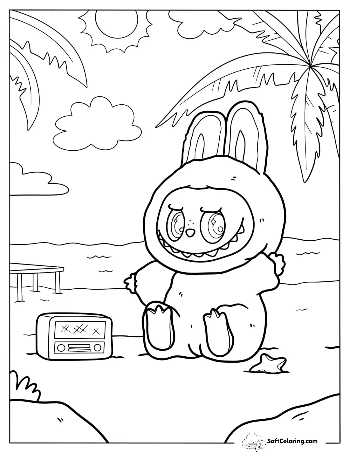 Labubu Coloring Page Of Zimomo Lounging At The Beach