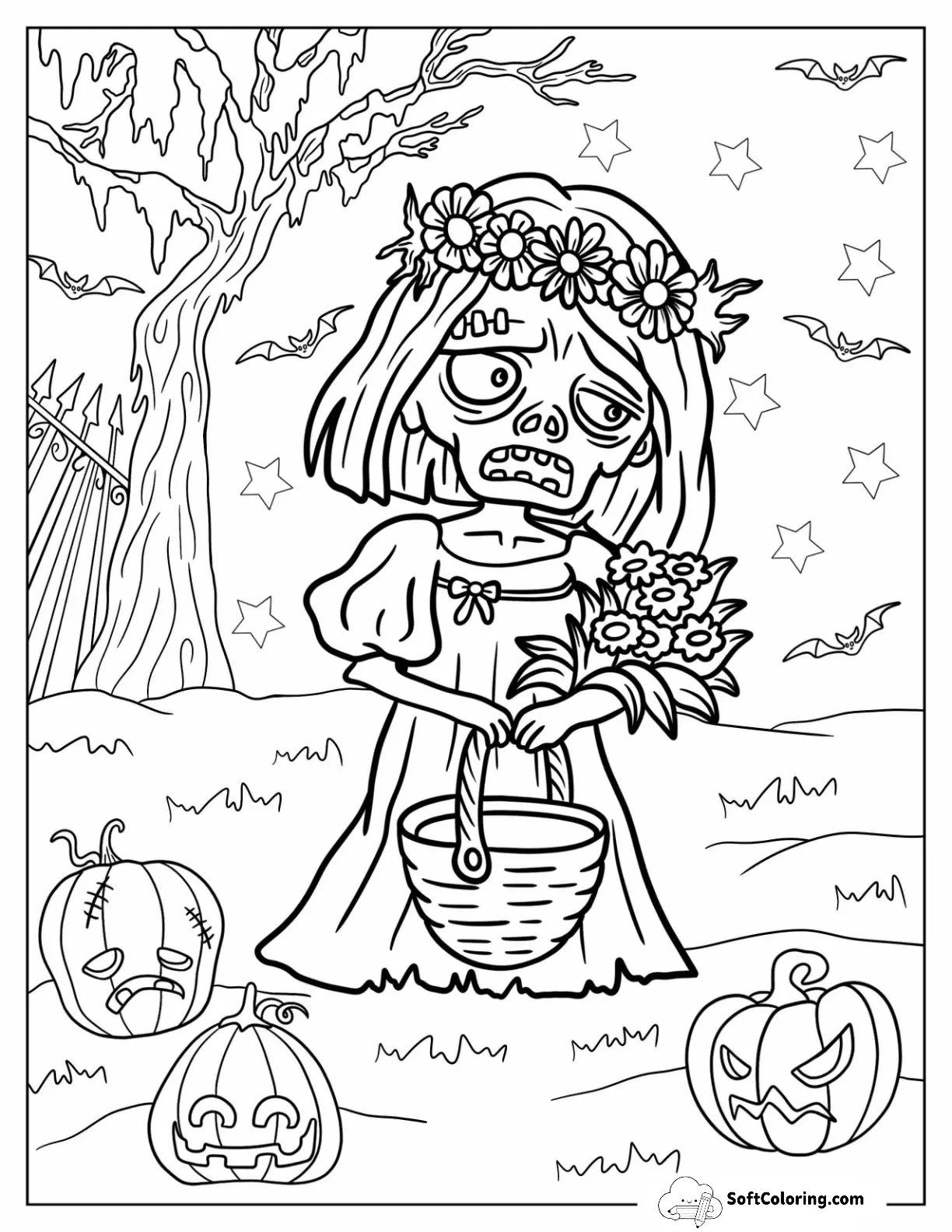 Zombie Coloring Page Of Bride Holding Flowers And A Basket
