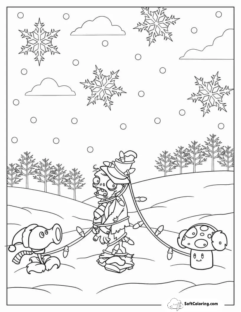 Zombie Tangled In Christmas Lights To Color