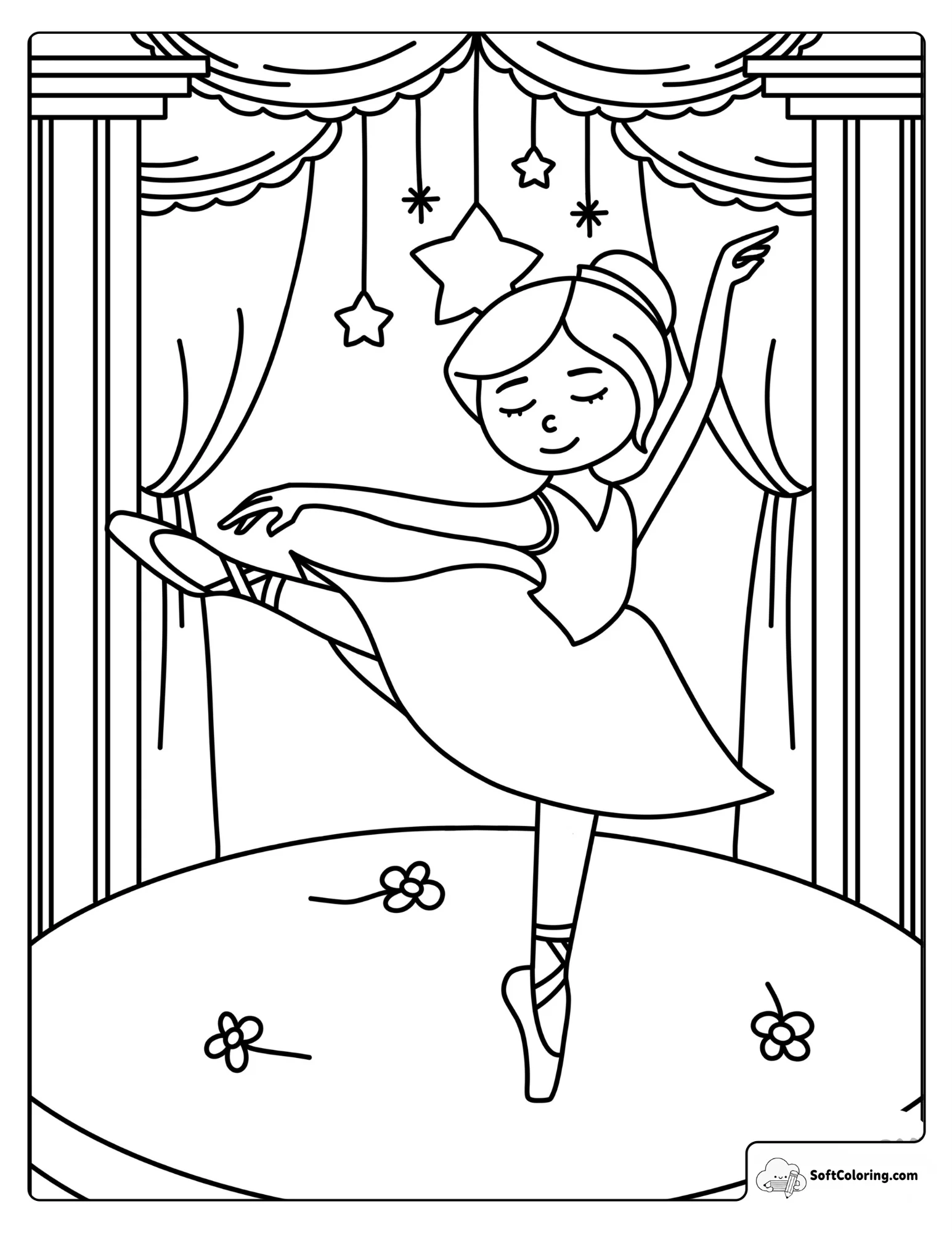 Pretty Ballerina Dancing On Stage Coloring Page For Kids